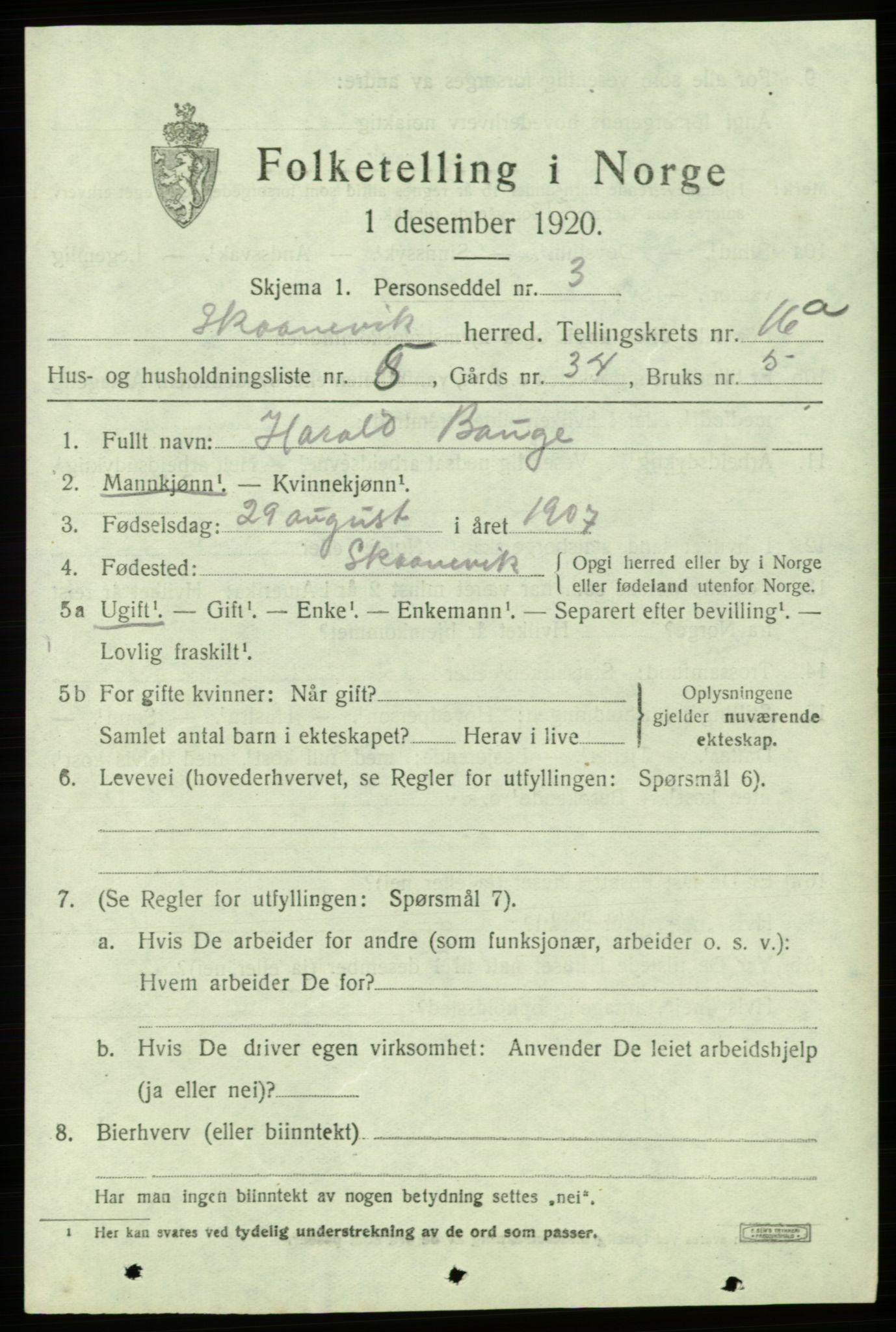 SAB, 1920 census for Skånevik, 1920, p. 6389