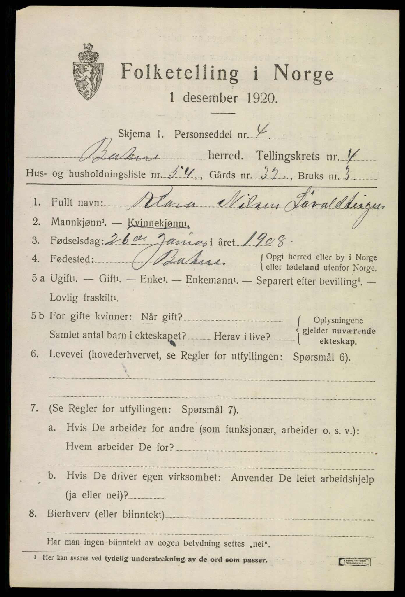 SAKO, 1920 census for Botne, 1920, p. 4227