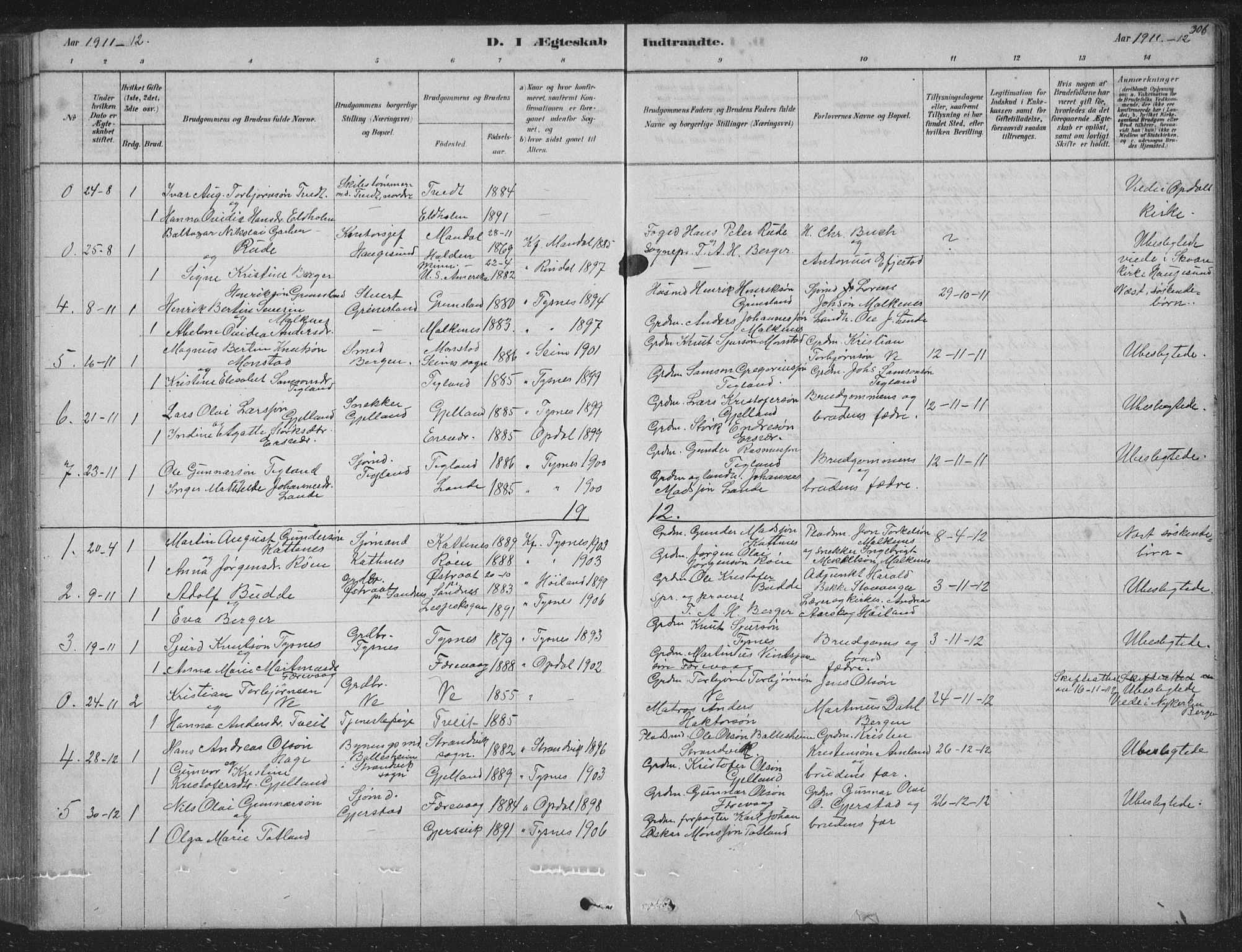 Tysnes sokneprestembete, SAB/A-78601/H/Hab: Parish register (copy) no. B 2, 1878-1918, p. 306