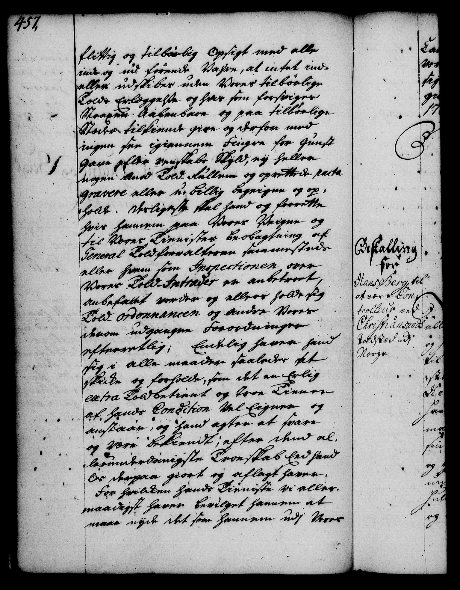 Rentekammeret, Kammerkanselliet, RA/EA-3111/G/Gg/Gge/L0002: Norsk bestallingsprotokoll med register (merket RK 53.26), 1730-1744, p. 457