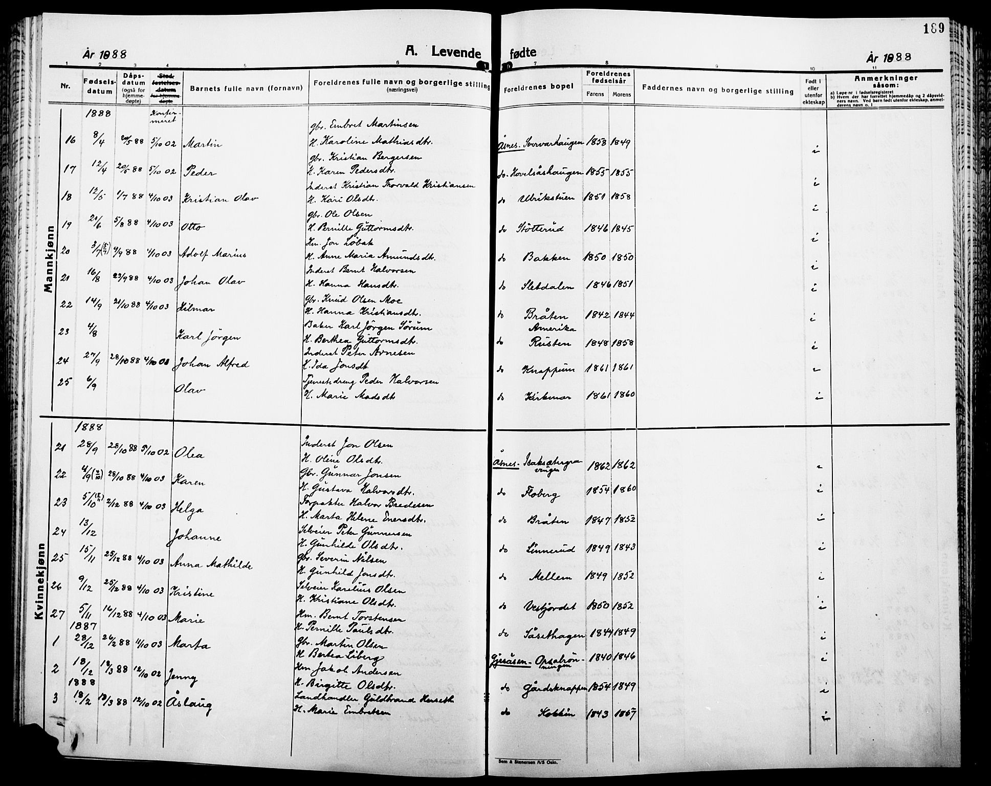 Åsnes prestekontor, AV/SAH-PREST-042/H/Ha/Haa/L0000B: Parish register (official), 1870-1889, p. 189