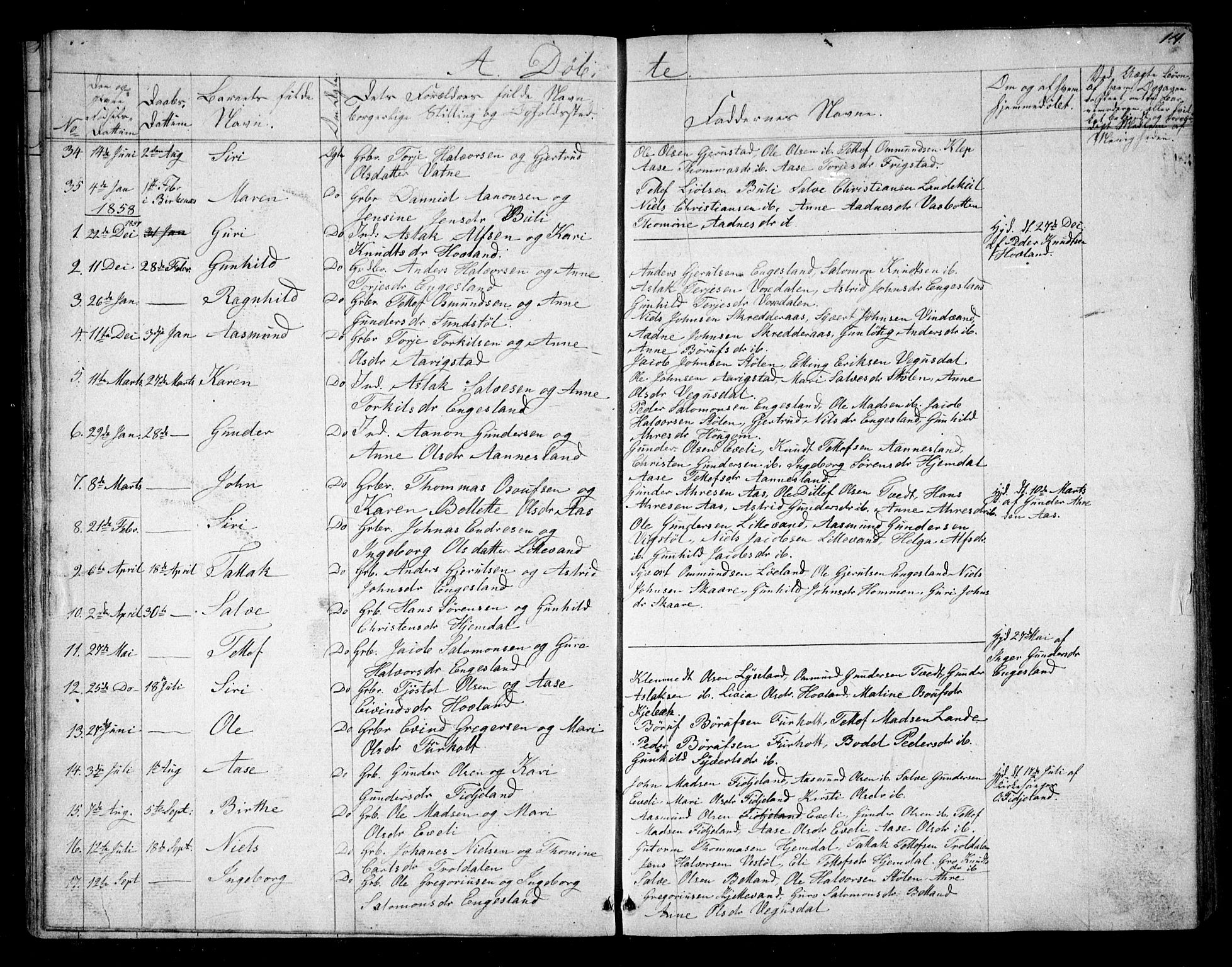 Herefoss sokneprestkontor, AV/SAK-1111-0019/F/Fb/Fbb/L0001: Parish register (copy) no. B 1, 1849-1879, p. 14