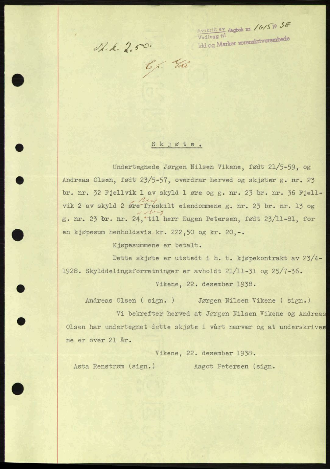 Idd og Marker sorenskriveri, AV/SAO-A-10283/G/Gb/Gbb/L0003: Mortgage book no. A3, 1938-1939, Diary no: : 1615/1938