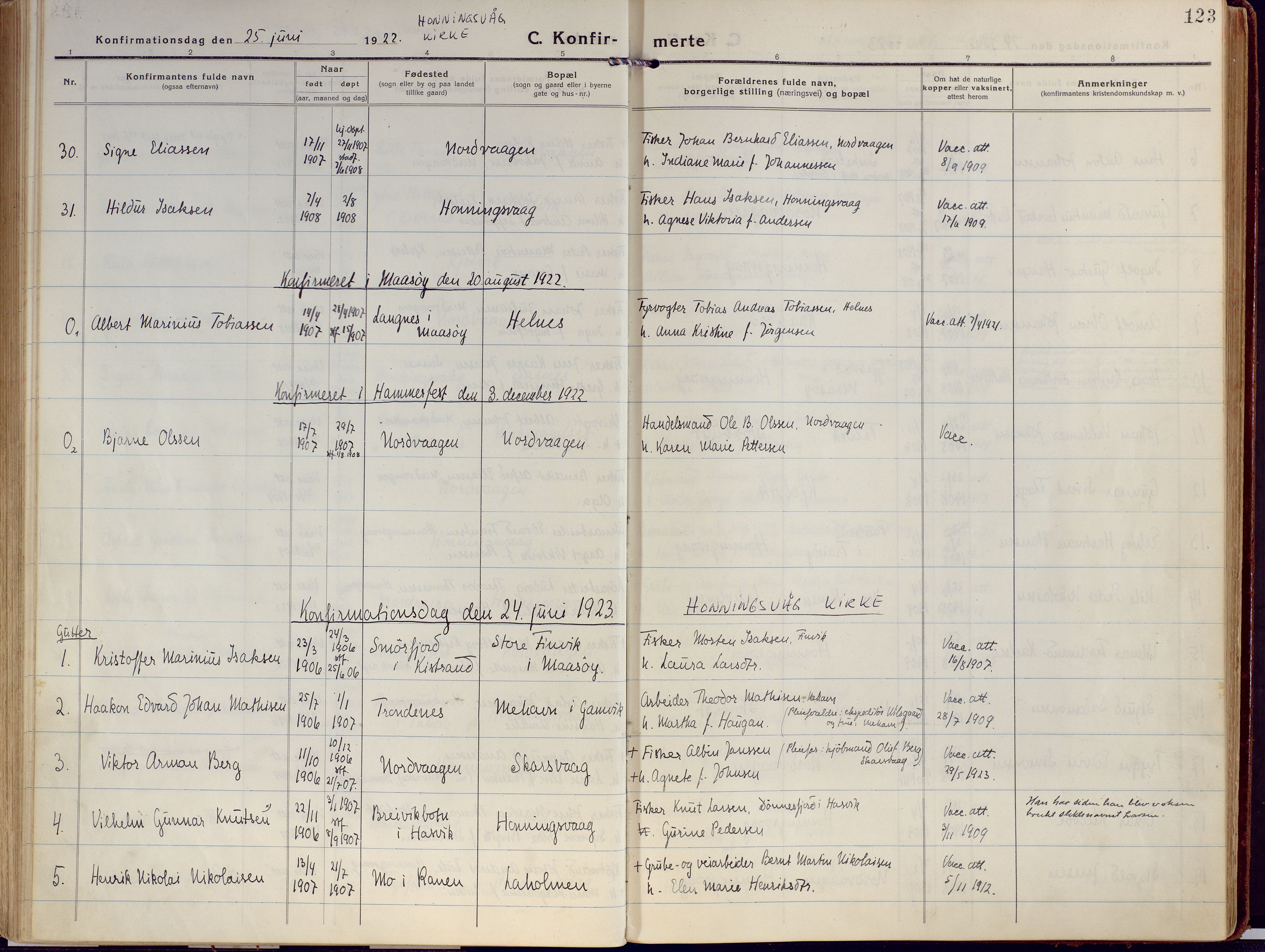 Kjelvik/Nordkapp sokneprestkontor, SATØ/S-1350/H/Ha/L0002kirke: Parish register (official) no. 2, 1920-1929, p. 123