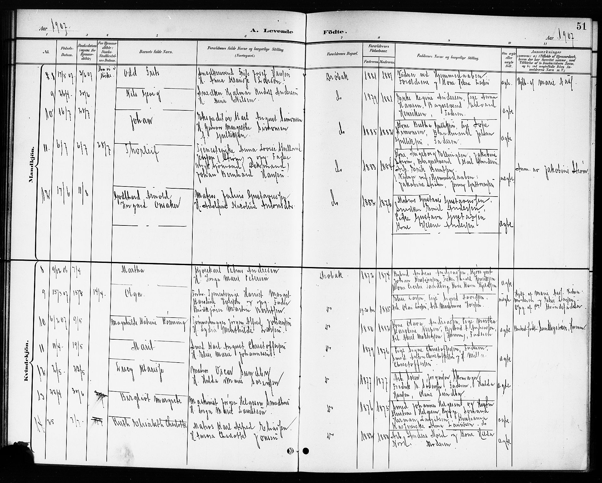 Drøbak prestekontor Kirkebøker, AV/SAO-A-10142a/G/Ga/L0001: Parish register (copy) no. I 1, 1897-1917, p. 51