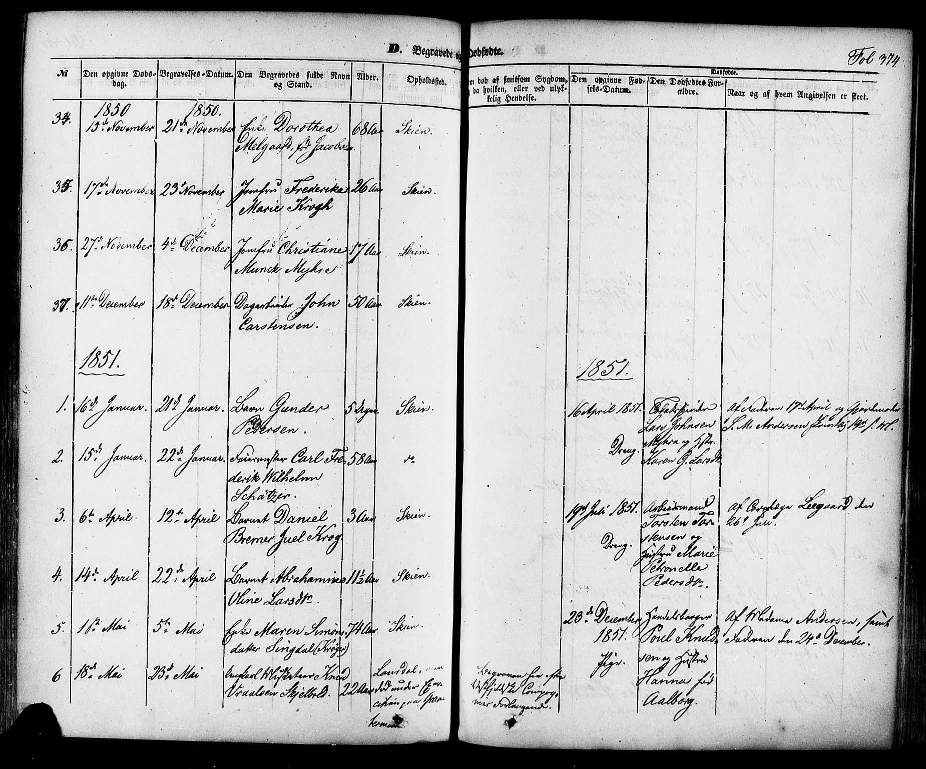 Skien kirkebøker, SAKO/A-302/F/Fa/L0006a: Parish register (official) no. 6A, 1843-1856, p. 374