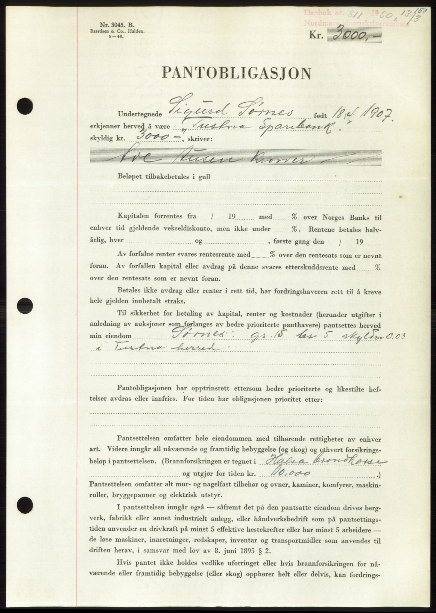 Nordmøre sorenskriveri, AV/SAT-A-4132/1/2/2Ca: Mortgage book no. B104, 1950-1950, Diary no: : 811/1950