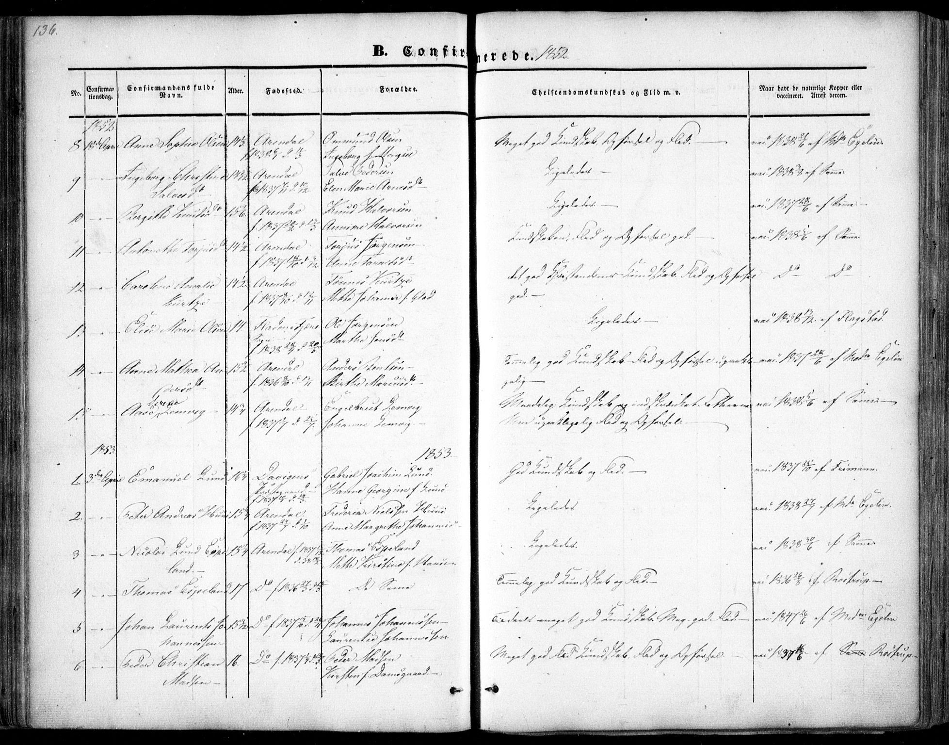 Arendal sokneprestkontor, Trefoldighet, SAK/1111-0040/F/Fa/L0005: Parish register (official) no. A 5, 1838-1854, p. 136