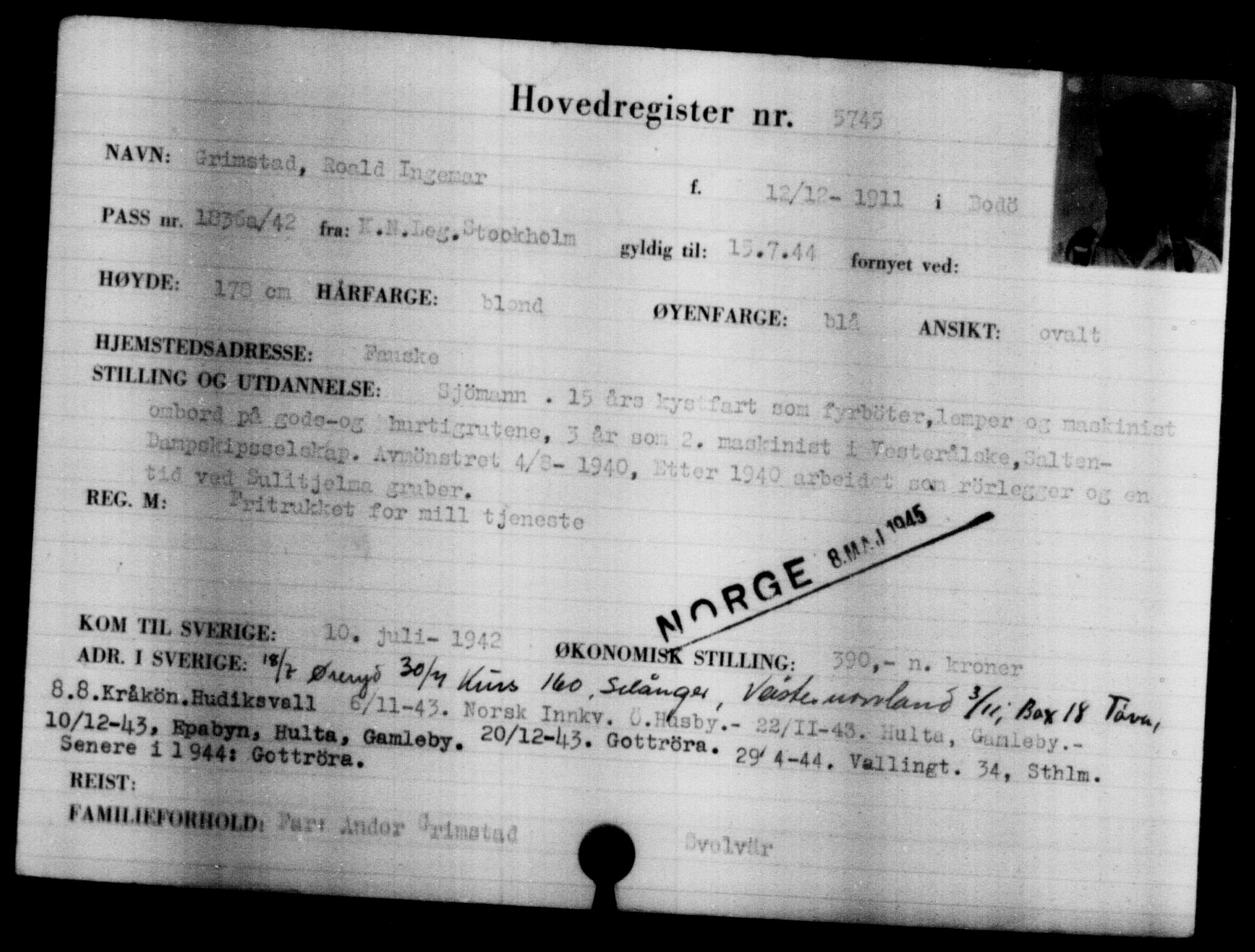 Den Kgl. Norske Legasjons Flyktningskontor, AV/RA-S-6753/V/Va/L0004: Kjesäterkartoteket.  Flyktningenr. 3496-6610, 1940-1945, p. 2608