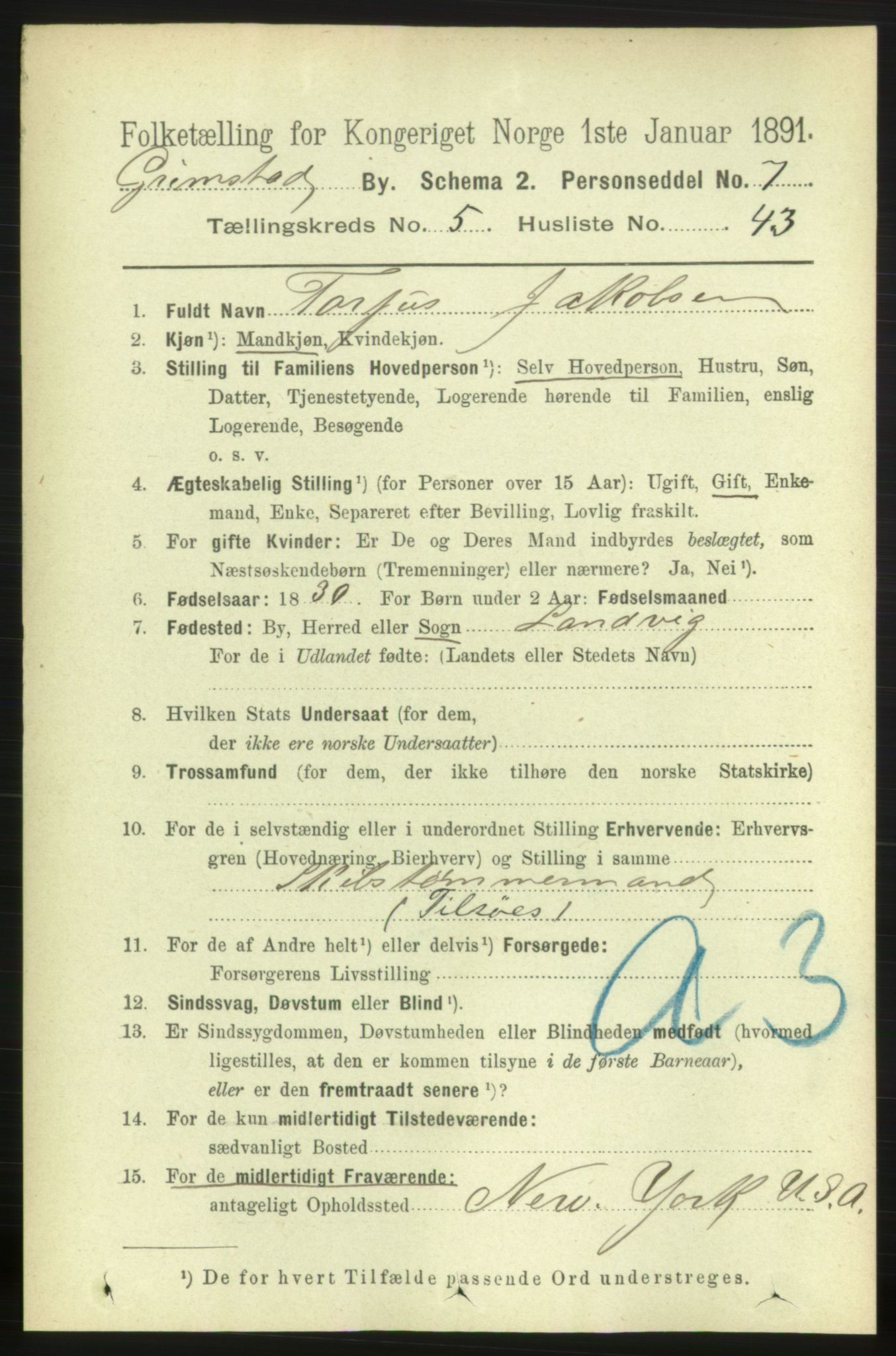 RA, 1891 census for 0904 Grimstad, 1891, p. 3372