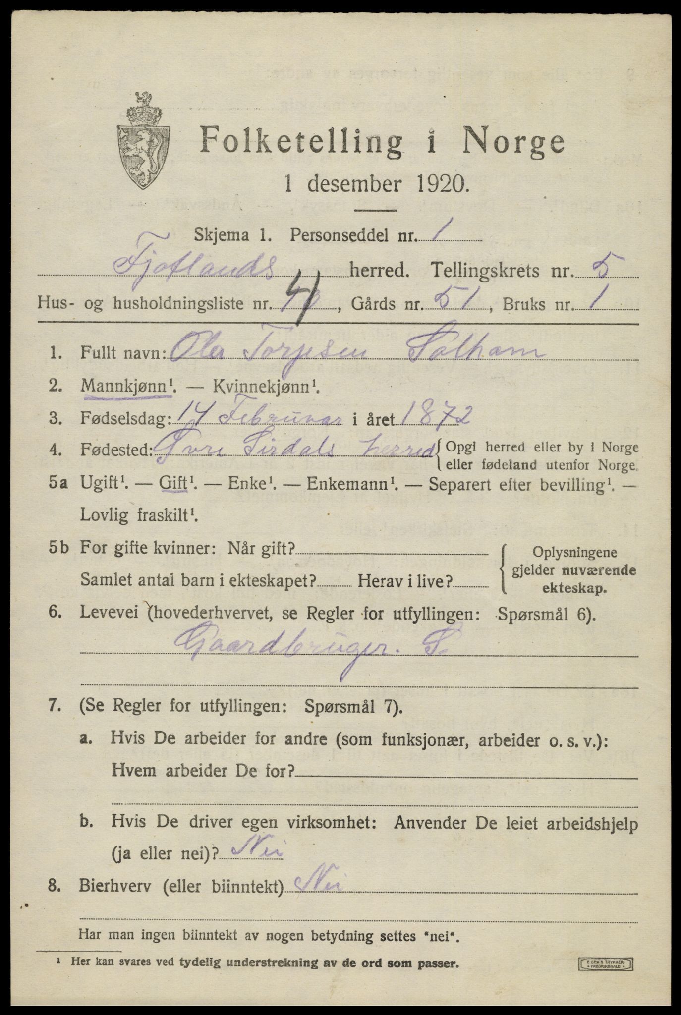 SAK, 1920 census for Fjotland, 1920, p. 1558