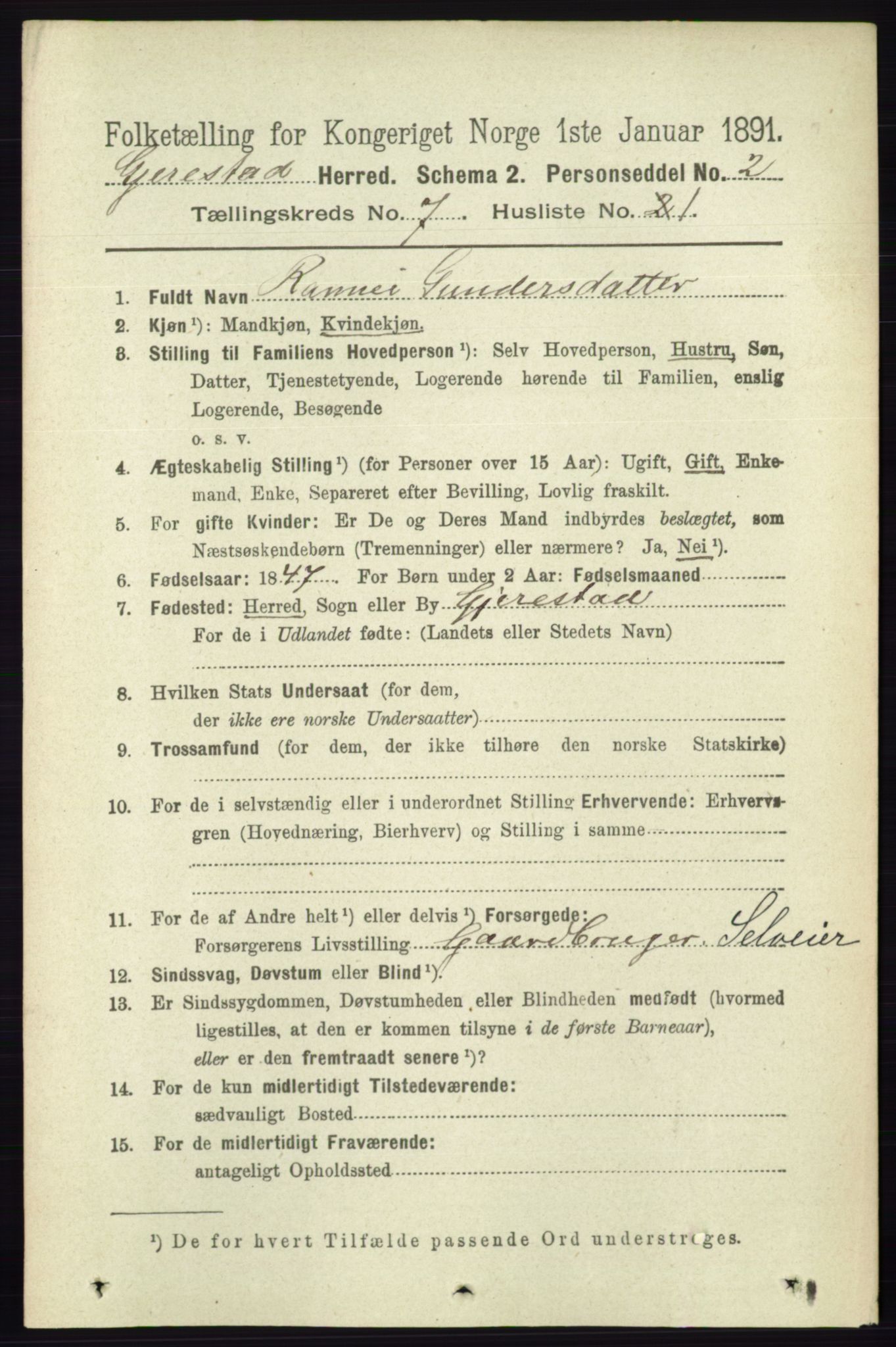 RA, 1891 census for 0911 Gjerstad, 1891, p. 2730