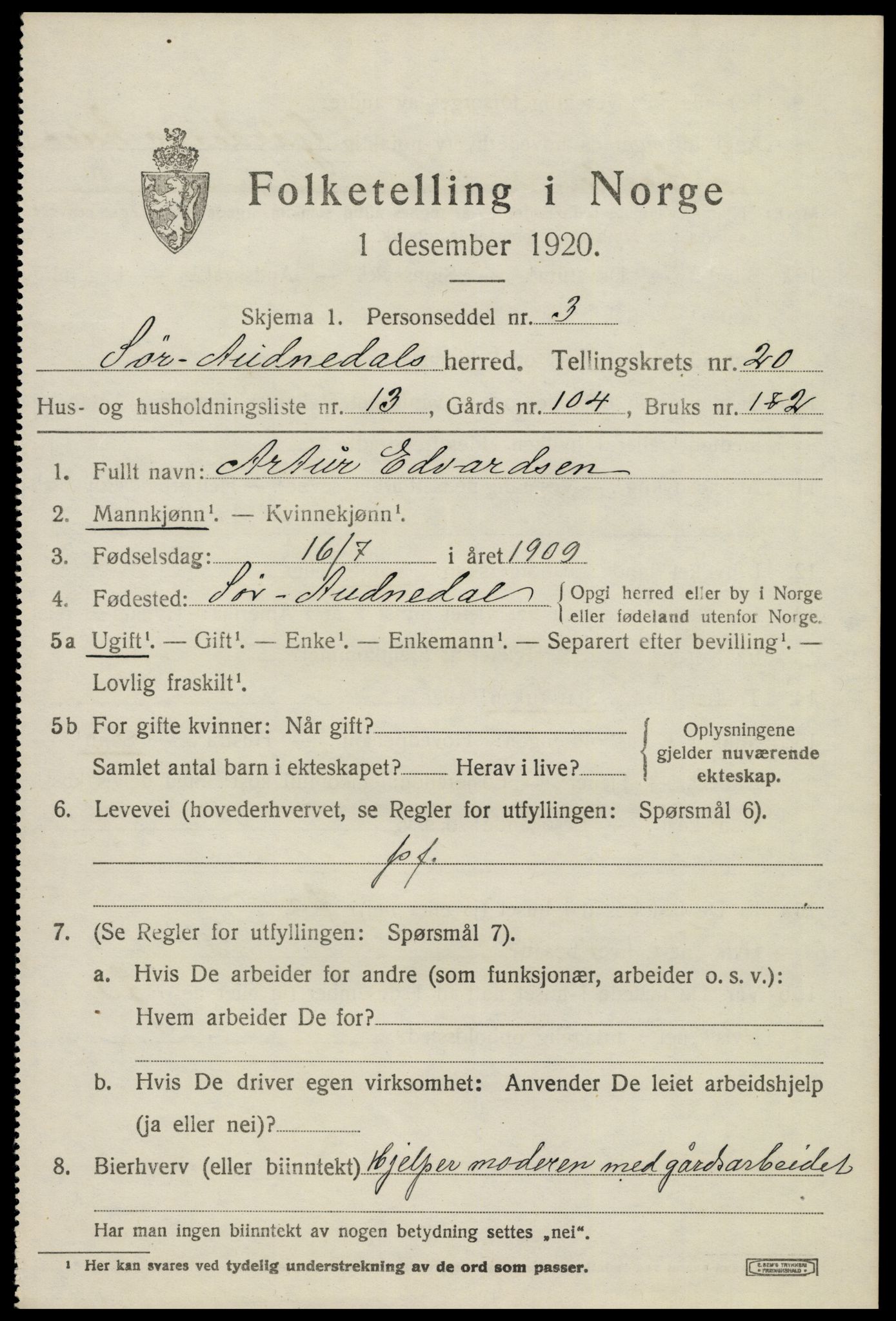 SAK, 1920 census for Sør-Audnedal, 1920, p. 6829