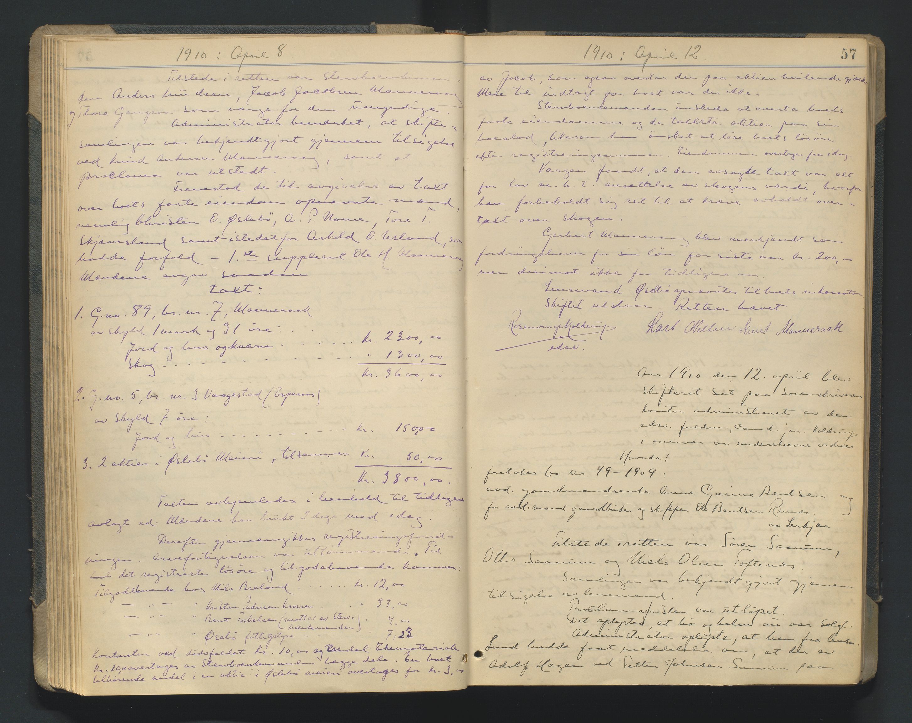 Mandal sorenskriveri, AV/SAK-1221-0005/001/H/Hc/L0081: Skifteforhandlingsprotokoll nr 13, 1909-1913, p. 57