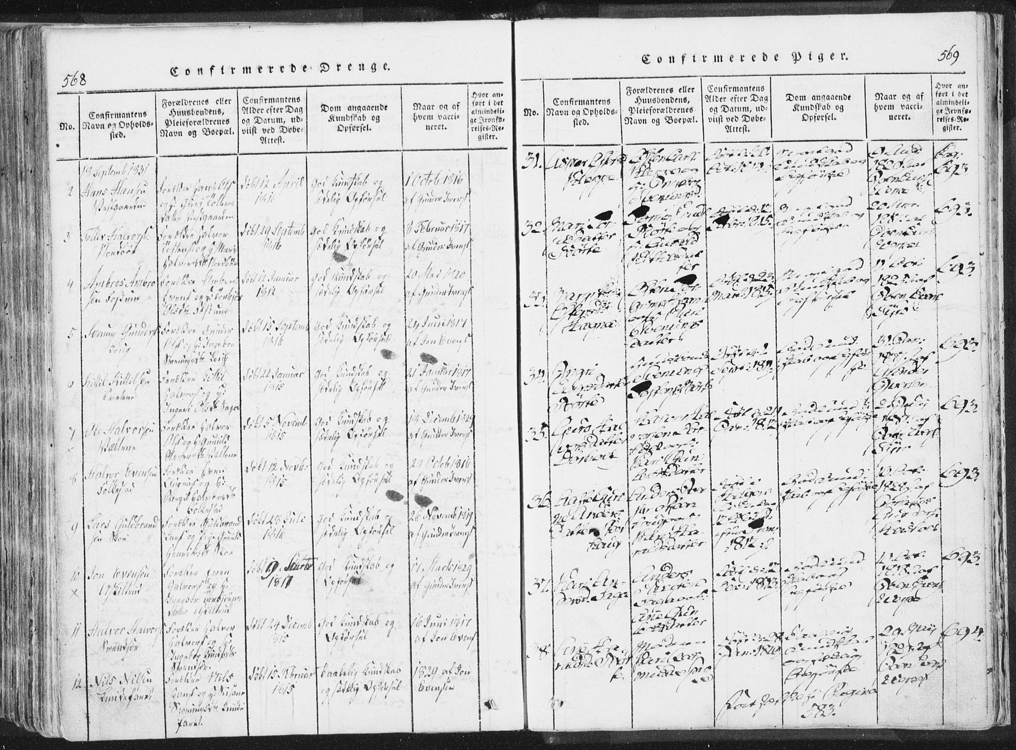 Bø kirkebøker, AV/SAKO-A-257/F/Fa/L0006: Parish register (official) no. 6, 1815-1831, p. 568-569