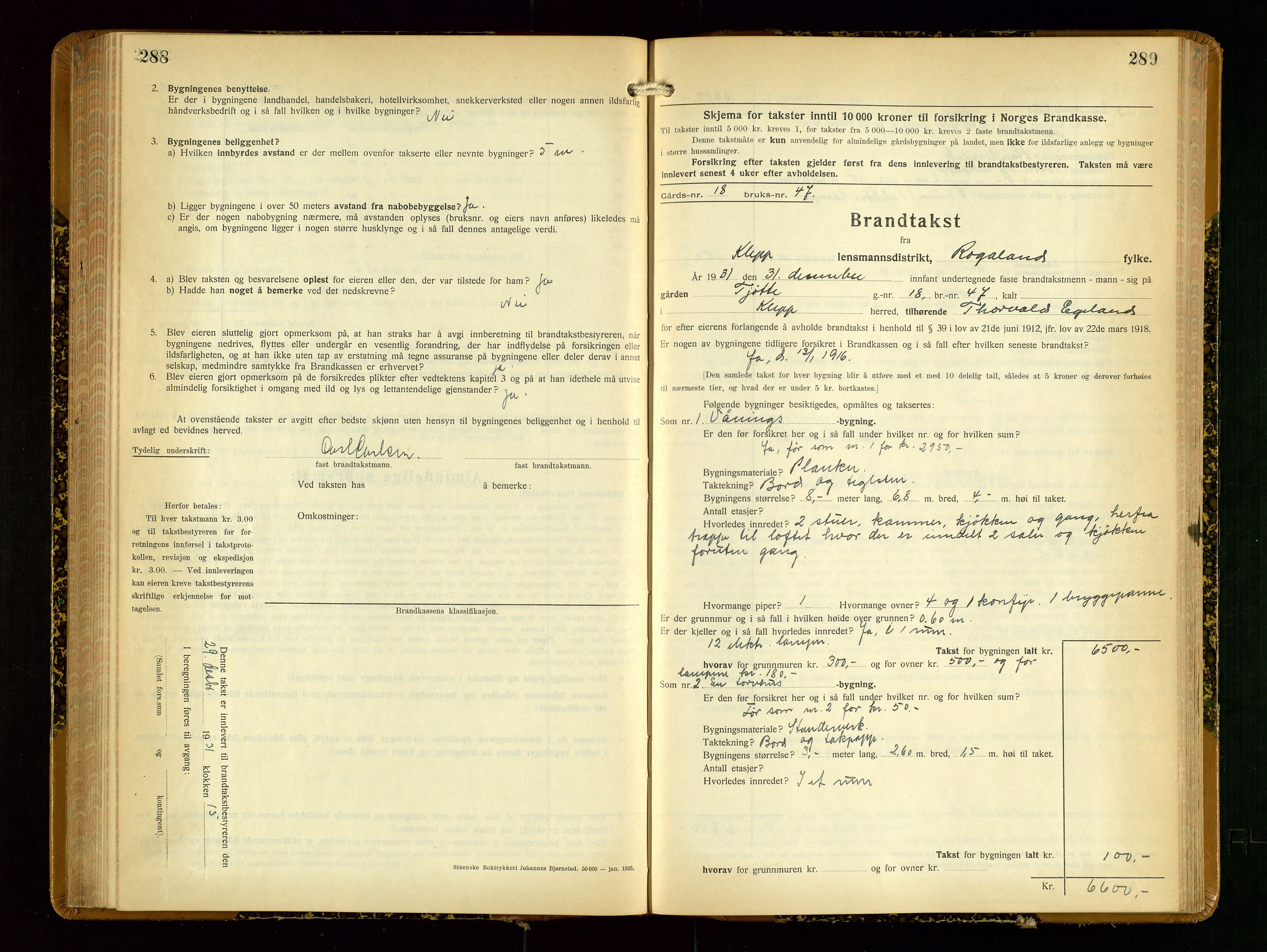 Klepp lensmannskontor, SAST/A-100163/Goc/L0012: "Brandtakstprotokoll" m/register, 1929-1933, p. 288-289