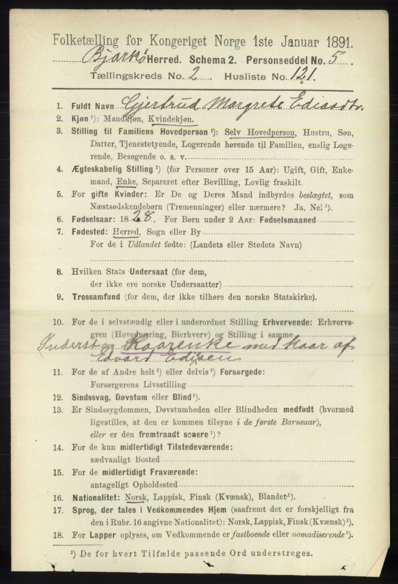 RA, 1891 census for 1915 Bjarkøy, 1891, p. 1477