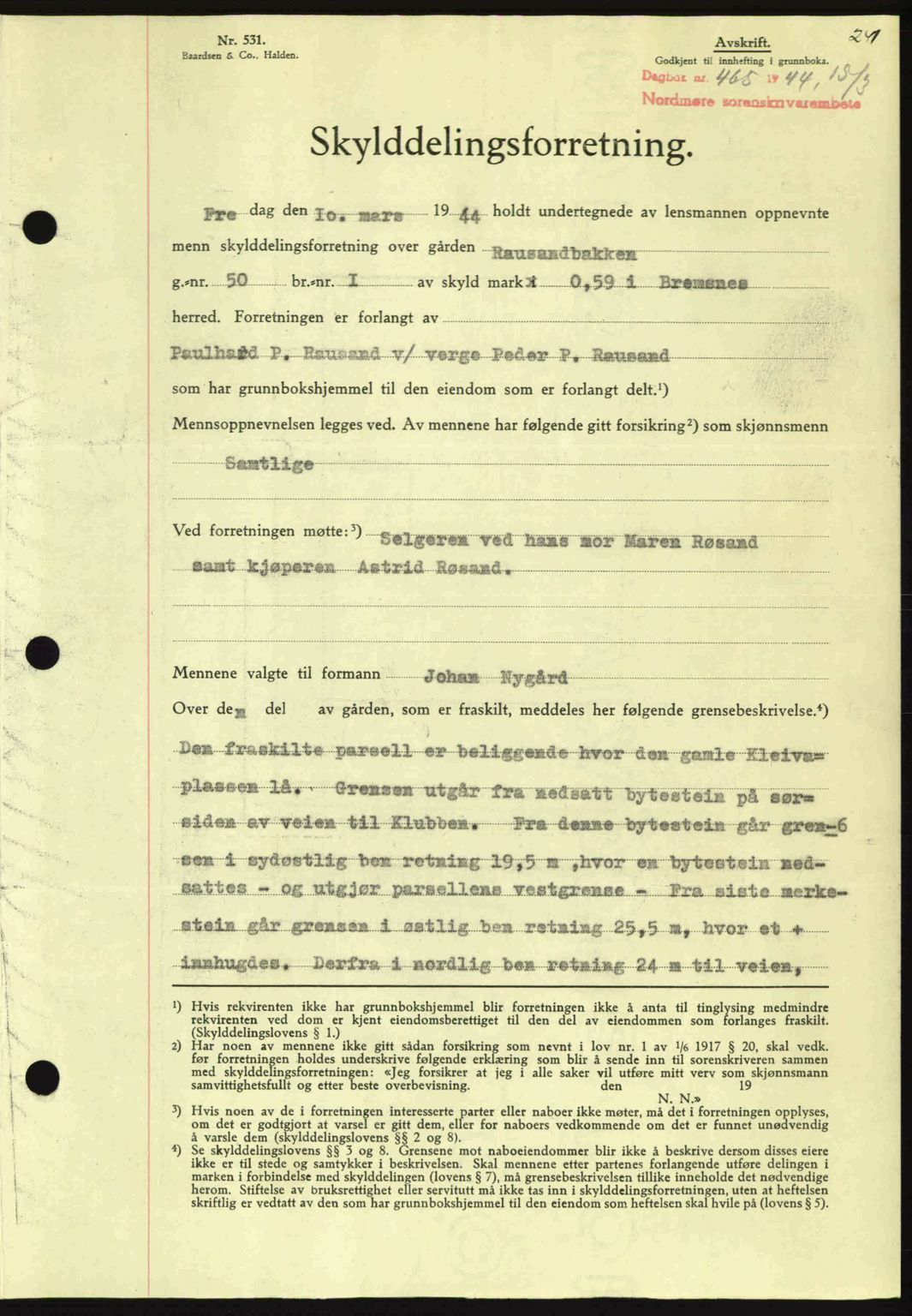 Nordmøre sorenskriveri, AV/SAT-A-4132/1/2/2Ca: Mortgage book no. A97, 1944-1944, Diary no: : 465/1944