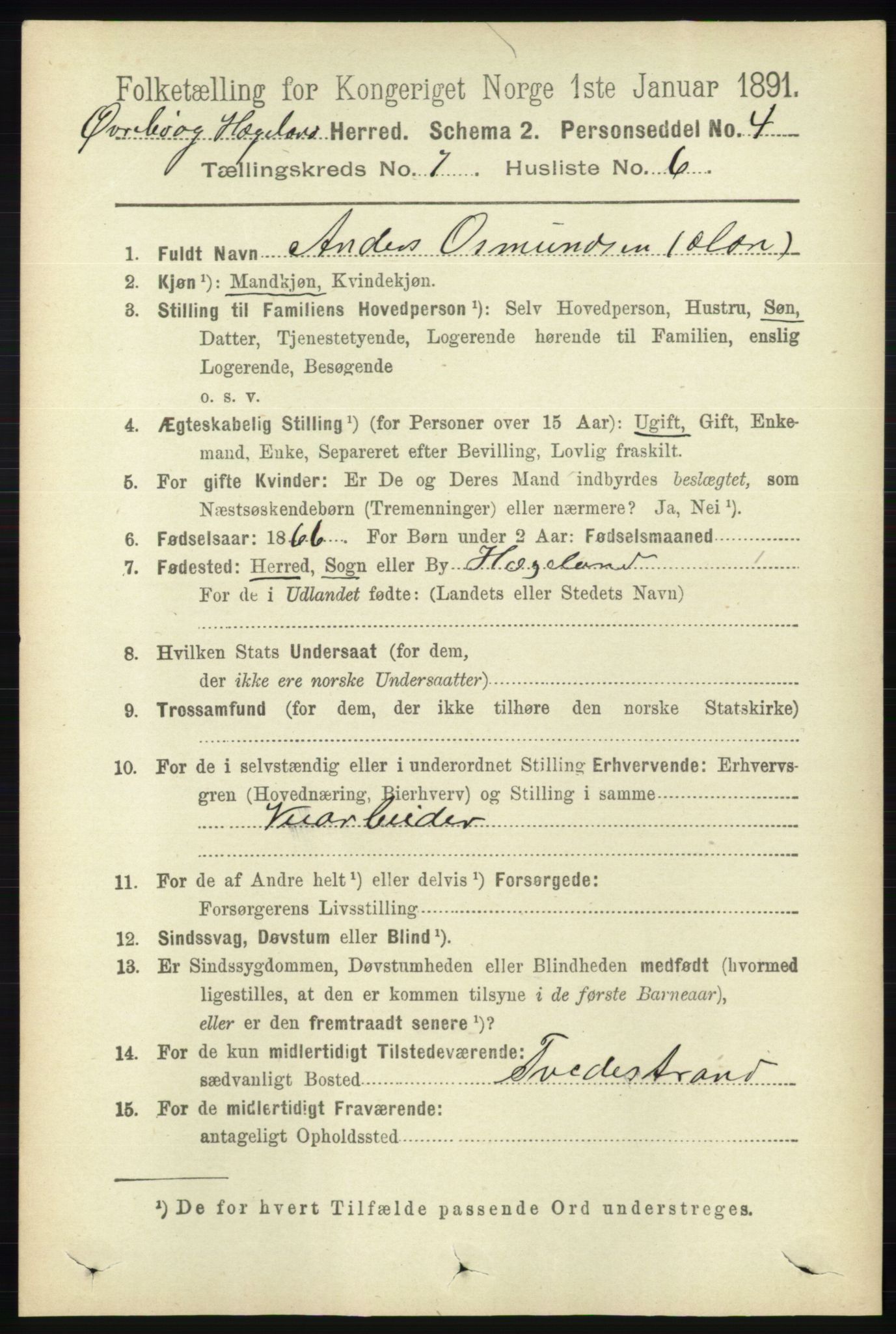 RA, 1891 census for 1016 Øvrebø og Hægeland, 1891, p. 1369