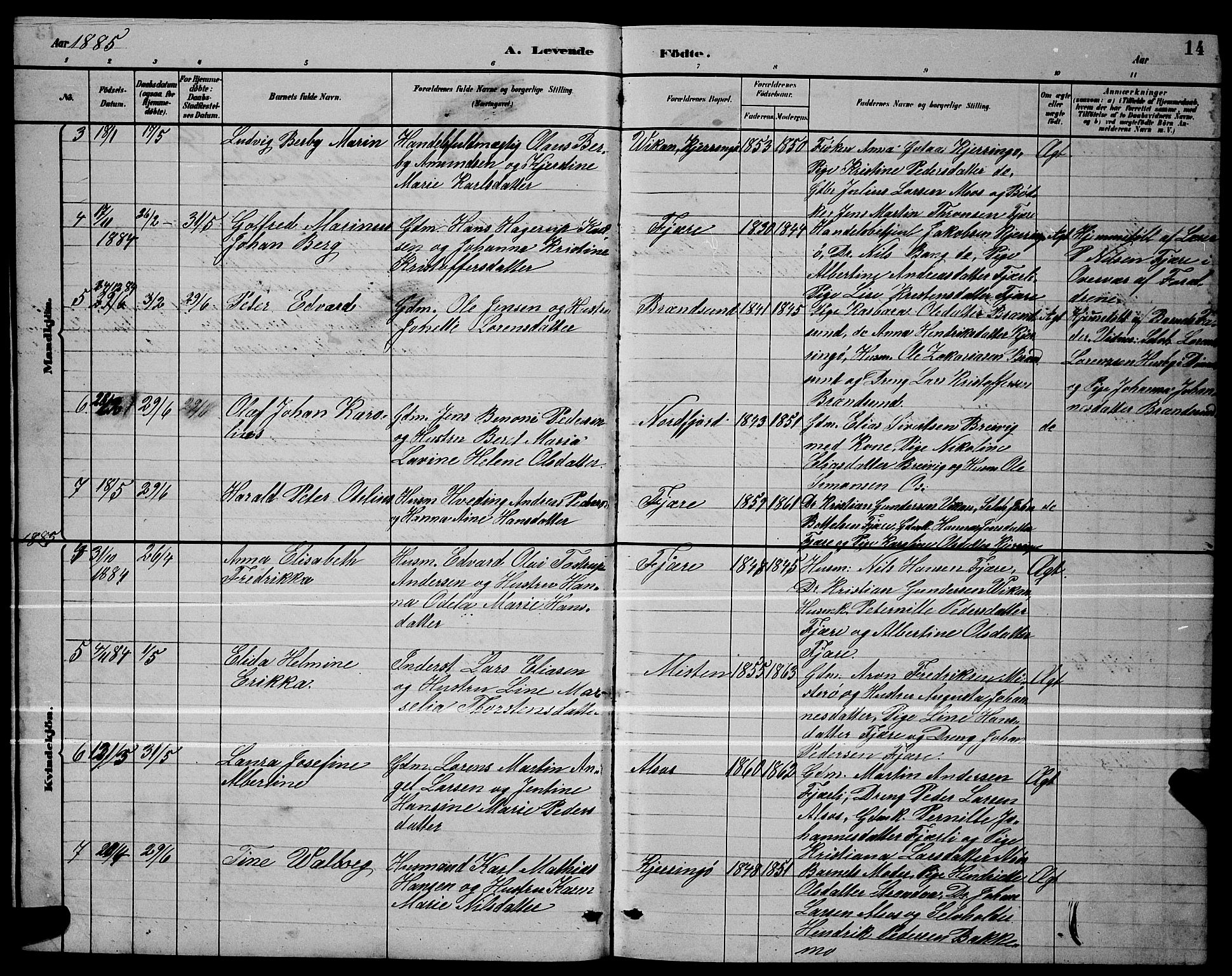 Ministerialprotokoller, klokkerbøker og fødselsregistre - Nordland, AV/SAT-A-1459/803/L0076: Parish register (copy) no. 803C03, 1882-1897, p. 14