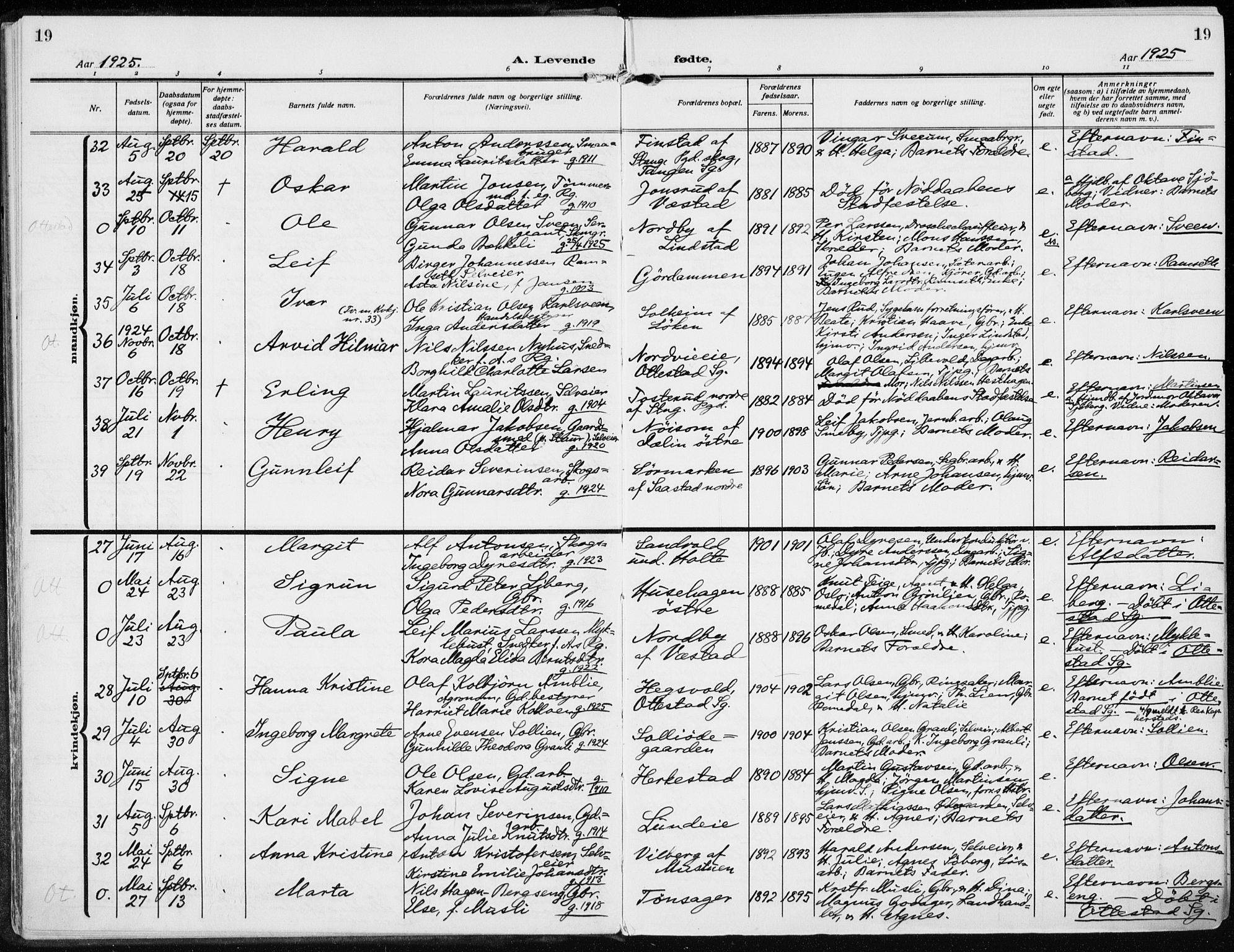 Stange prestekontor, AV/SAH-PREST-002/K/L0026: Parish register (official) no. 26, 1923-1937, p. 19