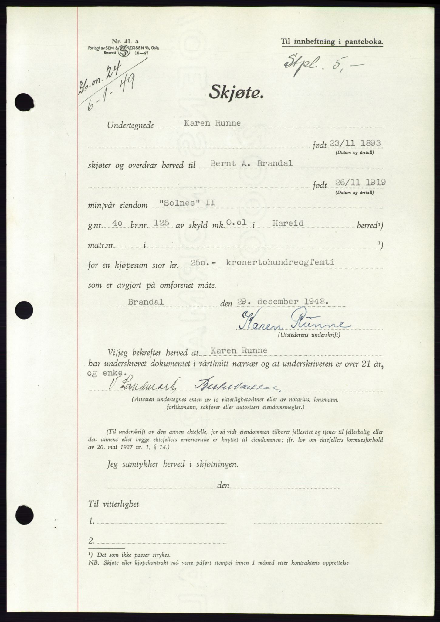 Søre Sunnmøre sorenskriveri, AV/SAT-A-4122/1/2/2C/L0083: Mortgage book no. 9A, 1948-1949, Diary no: : 24/1949