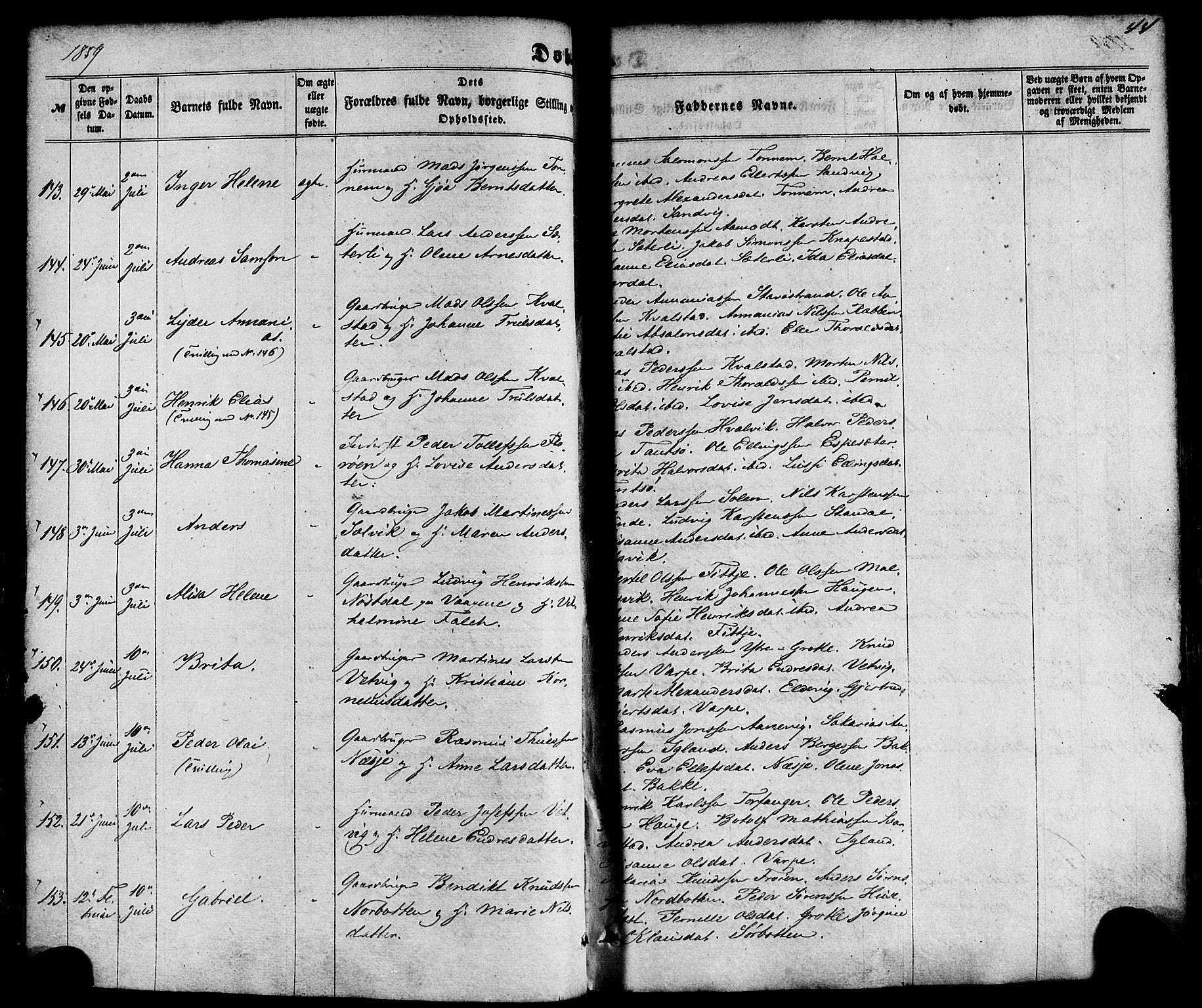 Kinn sokneprestembete, AV/SAB-A-80801/H/Haa/Haaa/L0006: Parish register (official) no. A 6, 1857-1885, p. 44