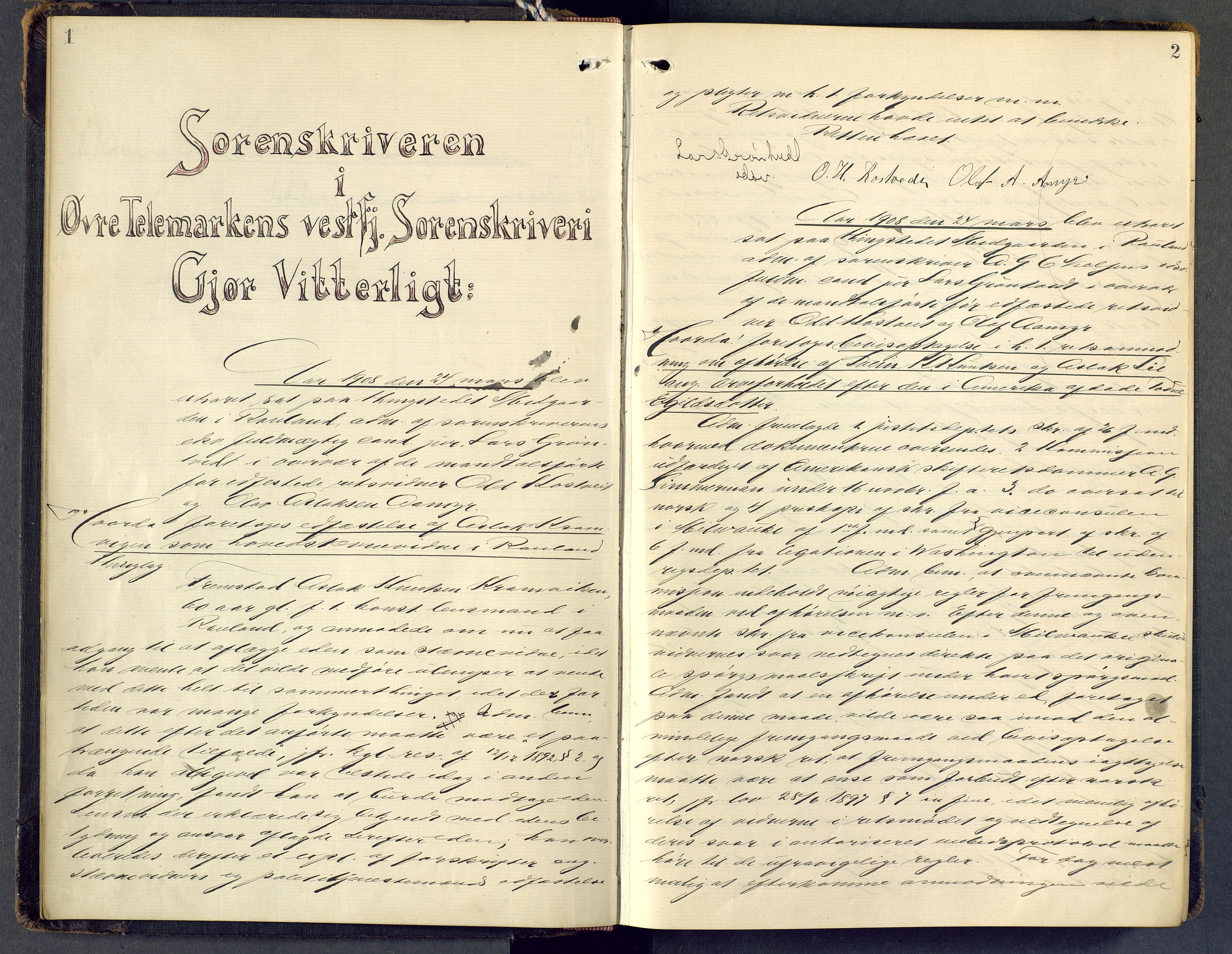 Vest-Telemark sorenskriveri, SAKO/A-134/F/Fd/Fda/L0013: Ekstrarettsprotokoll, 1908-1911, p. 1-2