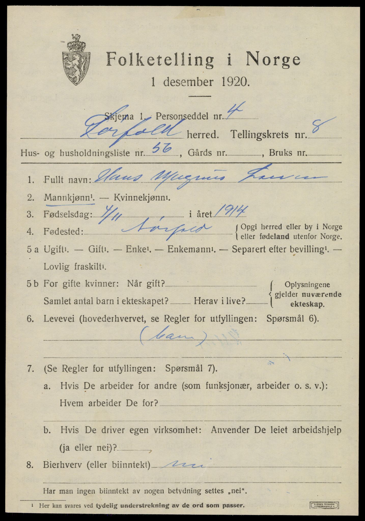 SAT, 1920 census for Sørfold, 1920, p. 4853