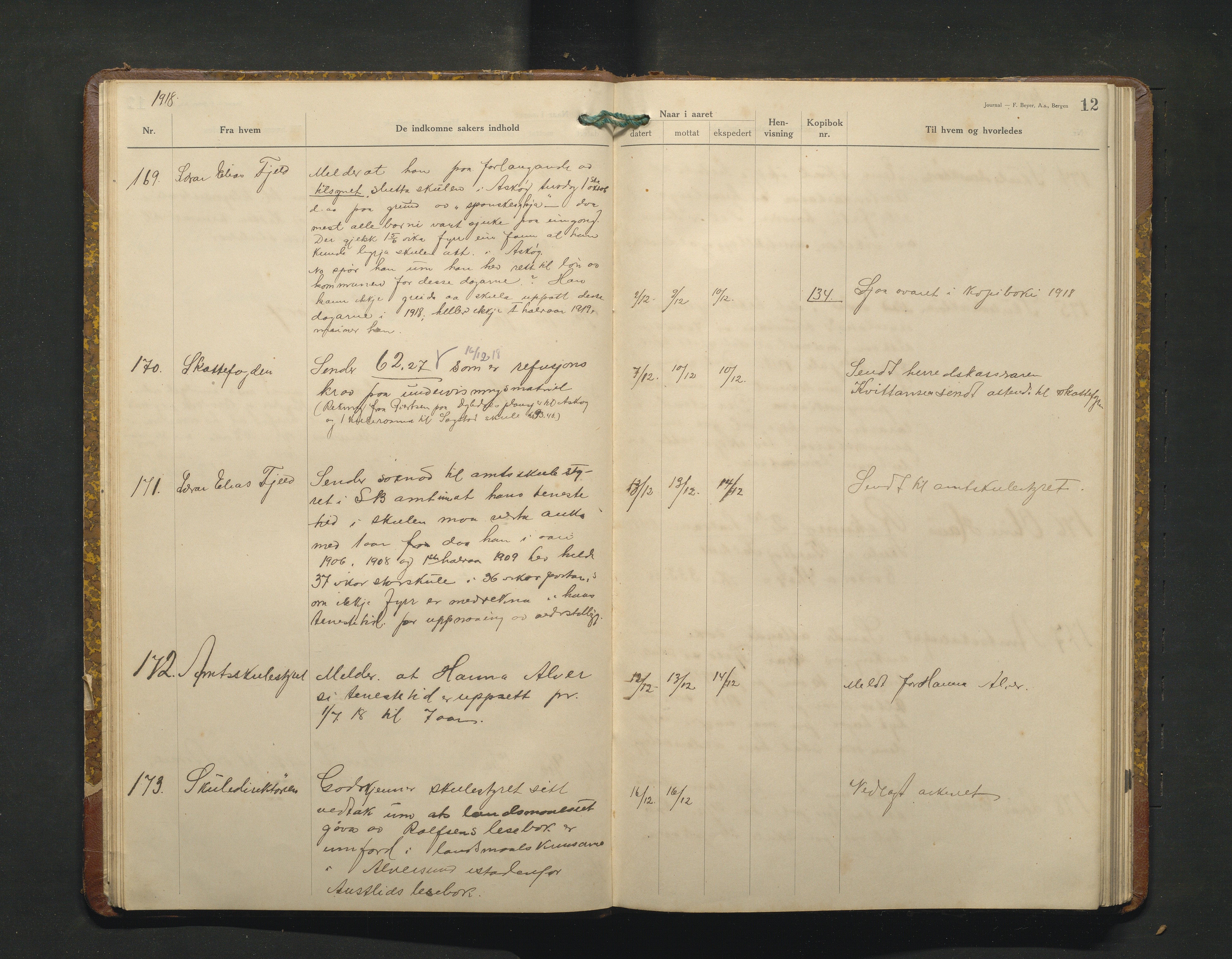 Alversund kommune. Skulestyret, IKAH/1257-211/C/Ca/L0005: Brevjournal for Alversund skulestyre, 1918-1920