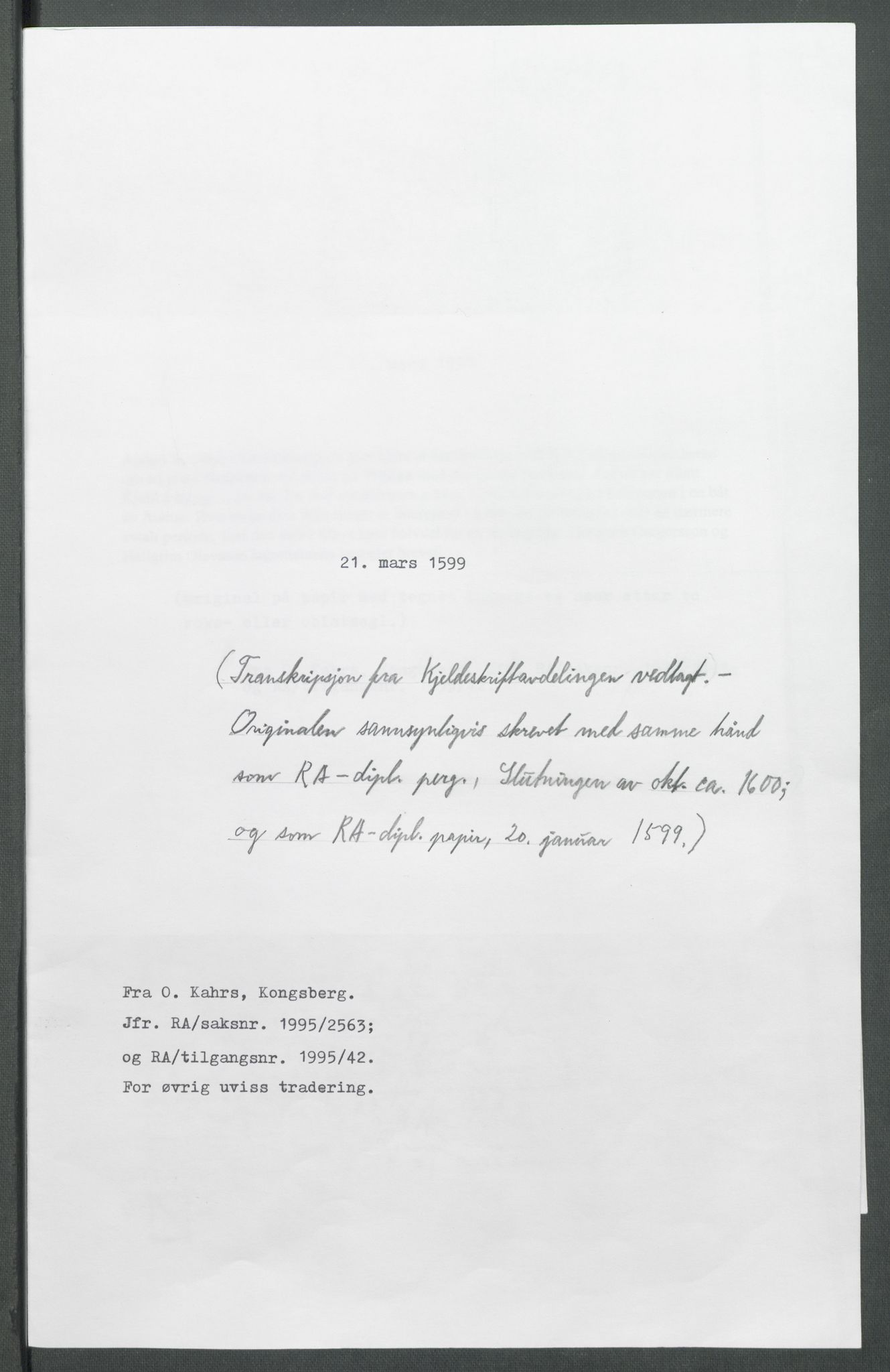 Riksarkivets diplomsamling, RA/EA-5965/F02/L0107: Dokumenter, 1599, p. 51