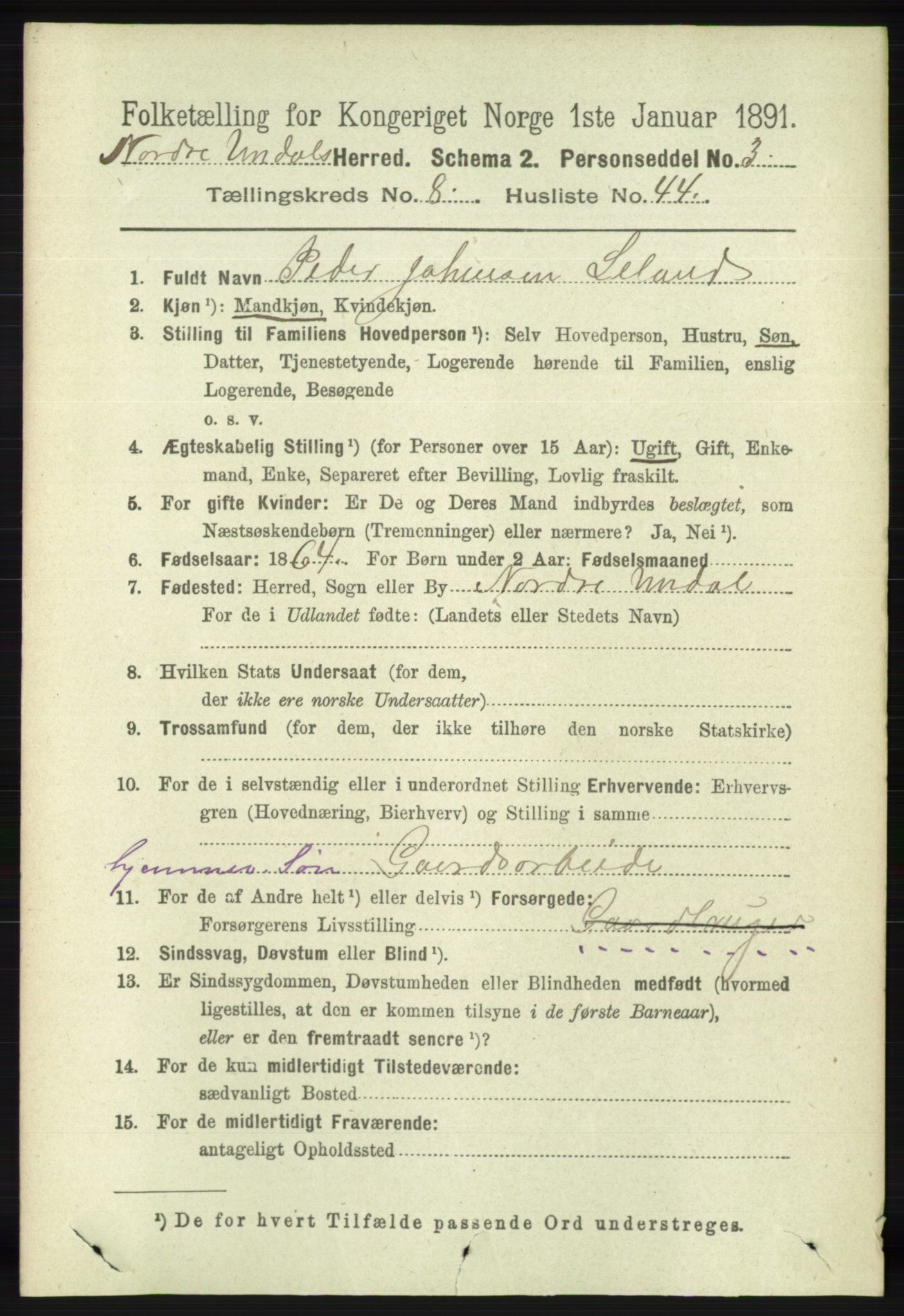 RA, 1891 census for 1028 Nord-Audnedal, 1891, p. 2299