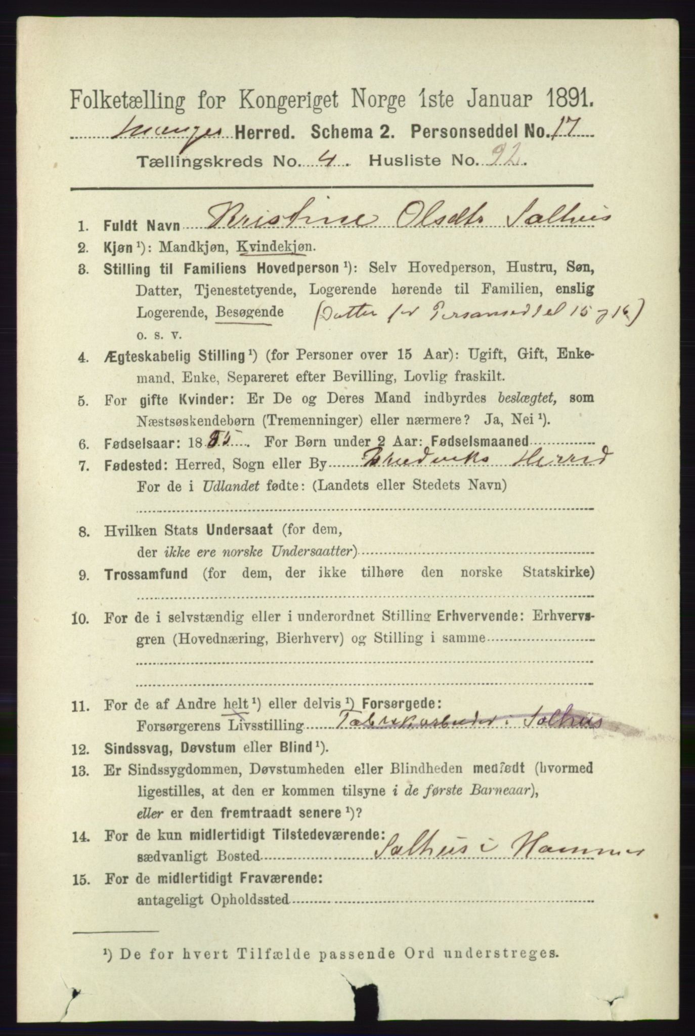 RA, 1891 census for 1261 Manger, 1891, p. 2538