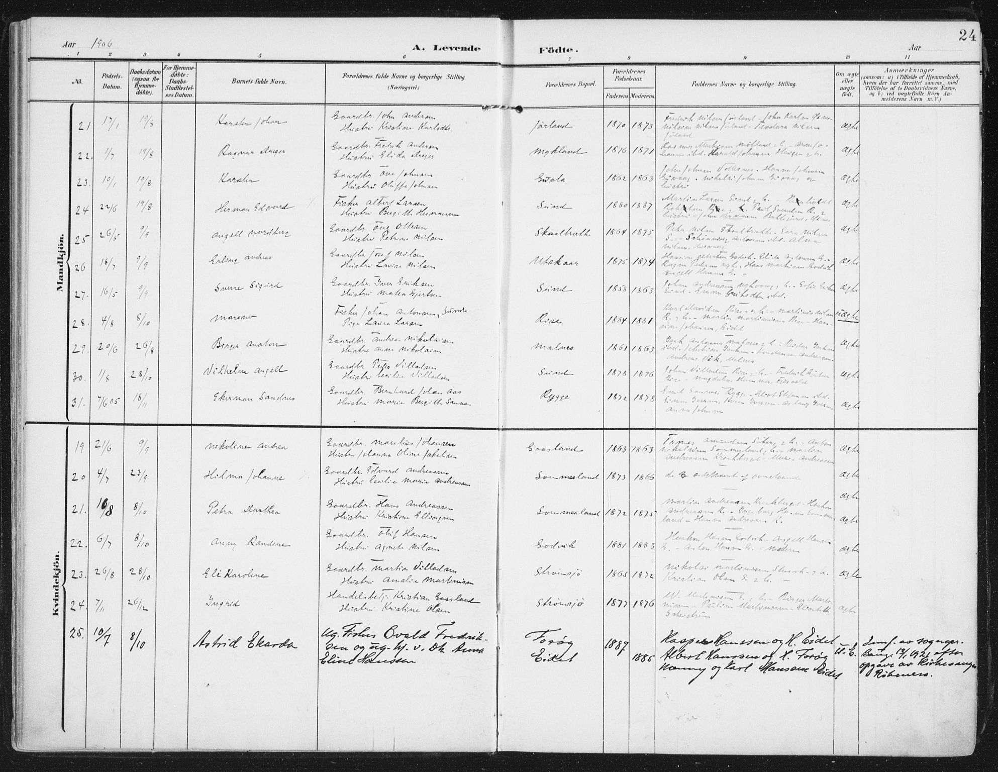 Ministerialprotokoller, klokkerbøker og fødselsregistre - Nordland, AV/SAT-A-1459/892/L1321: Parish register (official) no. 892A02, 1902-1918, p. 24