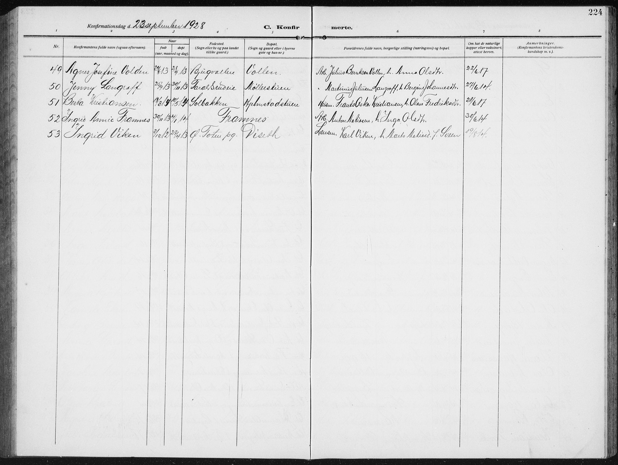 Biri prestekontor, AV/SAH-PREST-096/H/Ha/Hab/L0006: Parish register (copy) no. 6, 1909-1938, p. 224