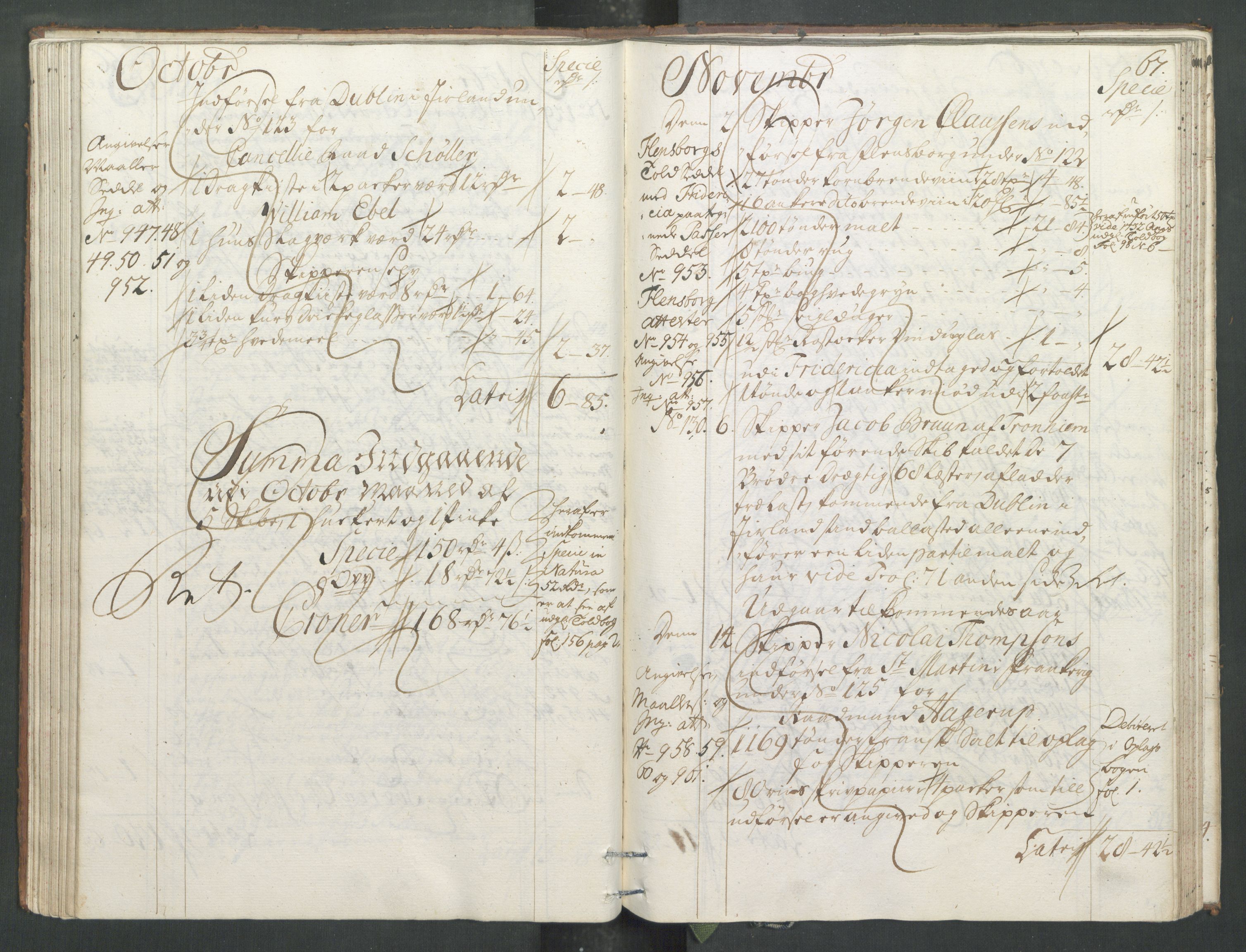 Generaltollkammeret, tollregnskaper, AV/RA-EA-5490/R33/L0013/0001: Tollregnskaper Trondheim A / Inngående tollbok, 1731, p. 66b-67a