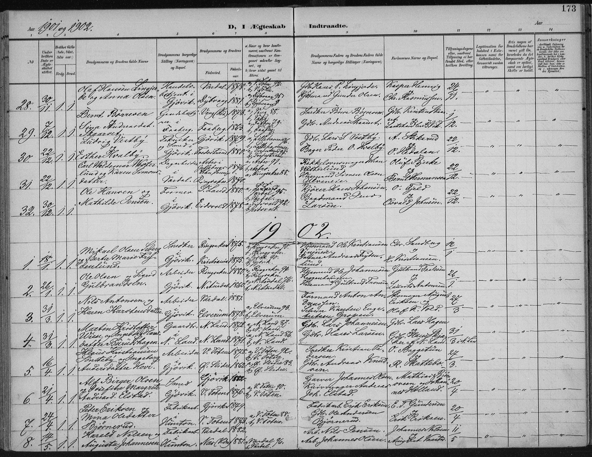 Vardal prestekontor, AV/SAH-PREST-100/H/Ha/Haa/L0013: Parish register (official) no. 13, 1901-1911, p. 173