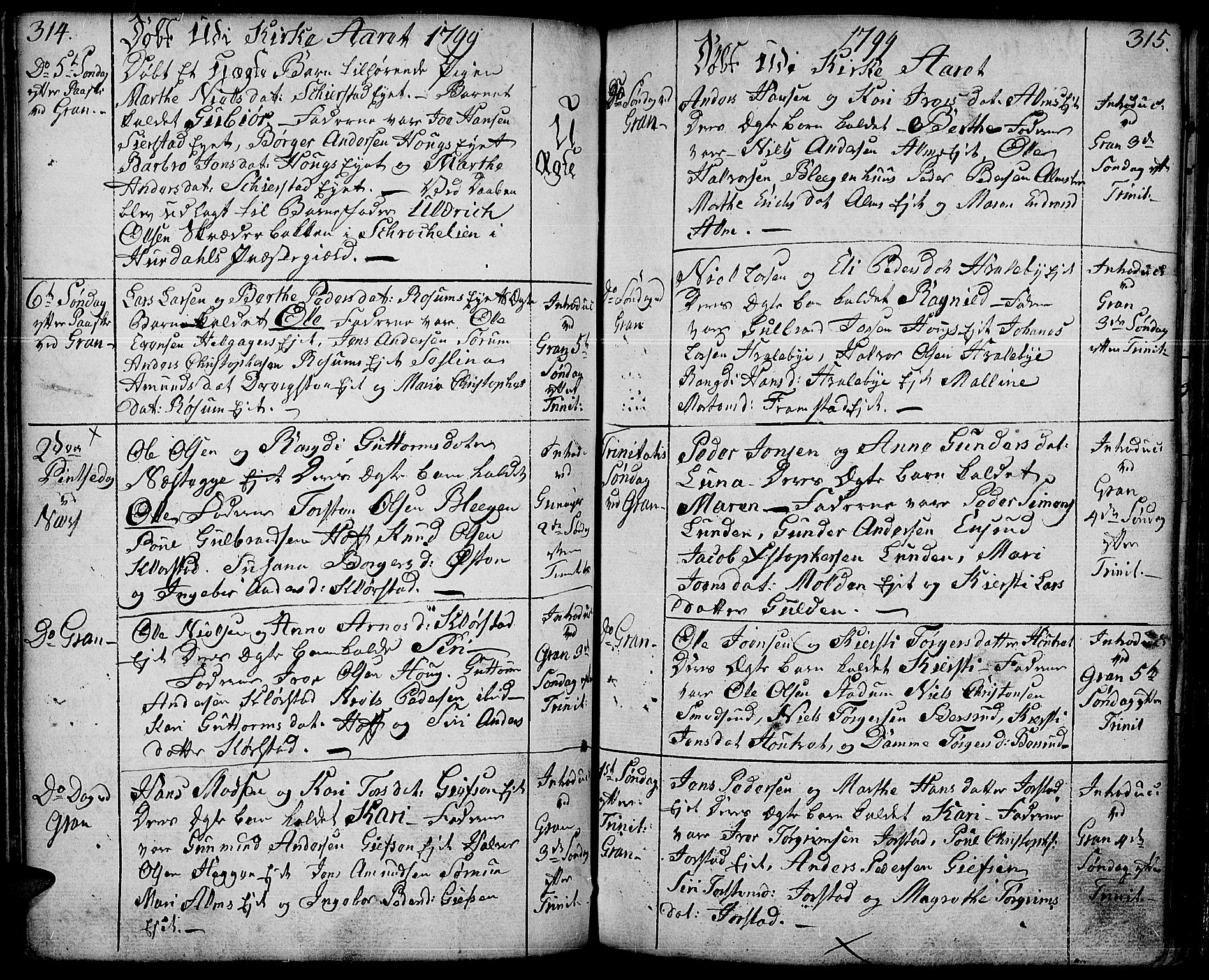 Gran prestekontor, SAH/PREST-112/H/Ha/Haa/L0006: Parish register (official) no. 6, 1787-1824, p. 314-315