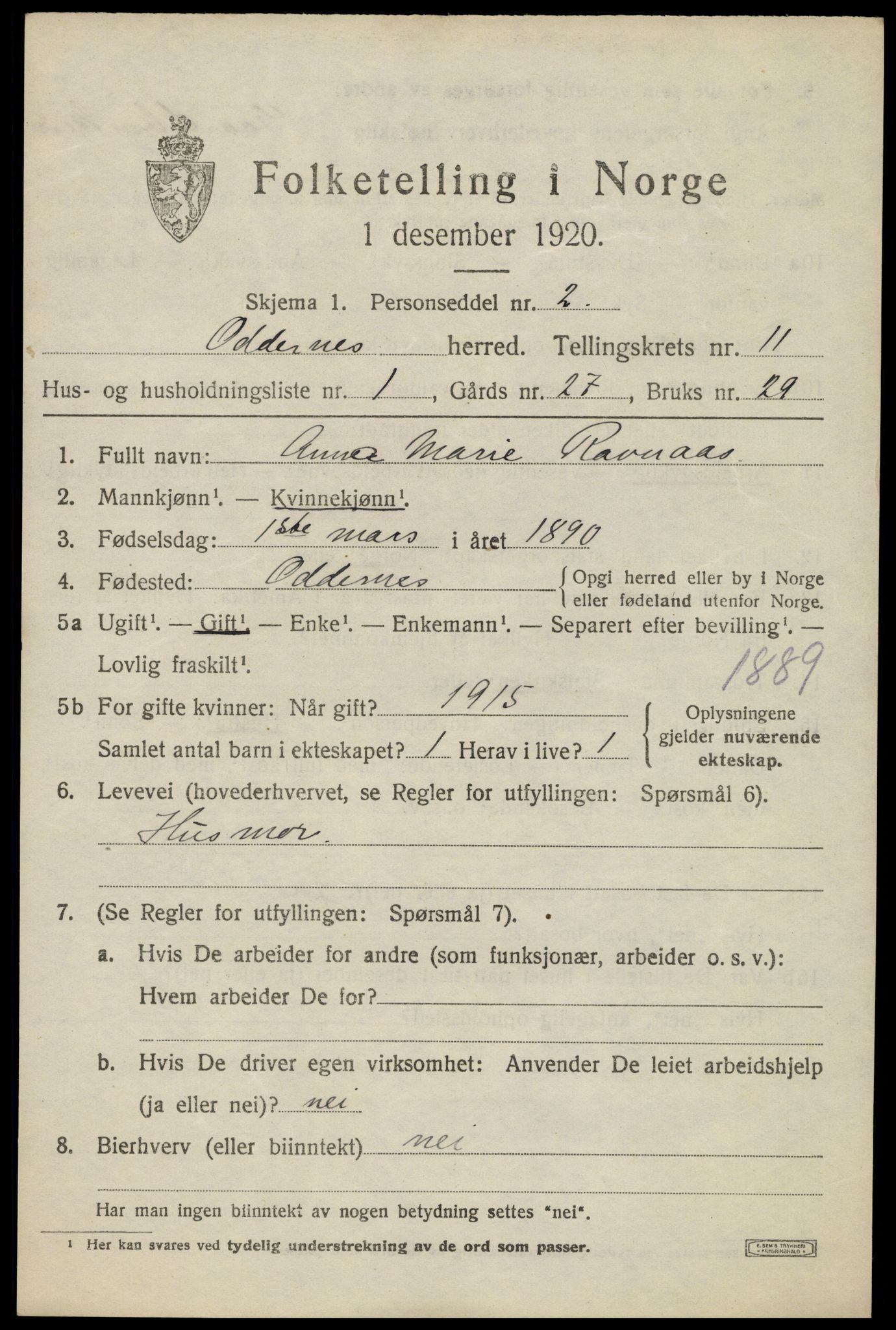 SAK, 1920 census for Oddernes, 1920, p. 7063