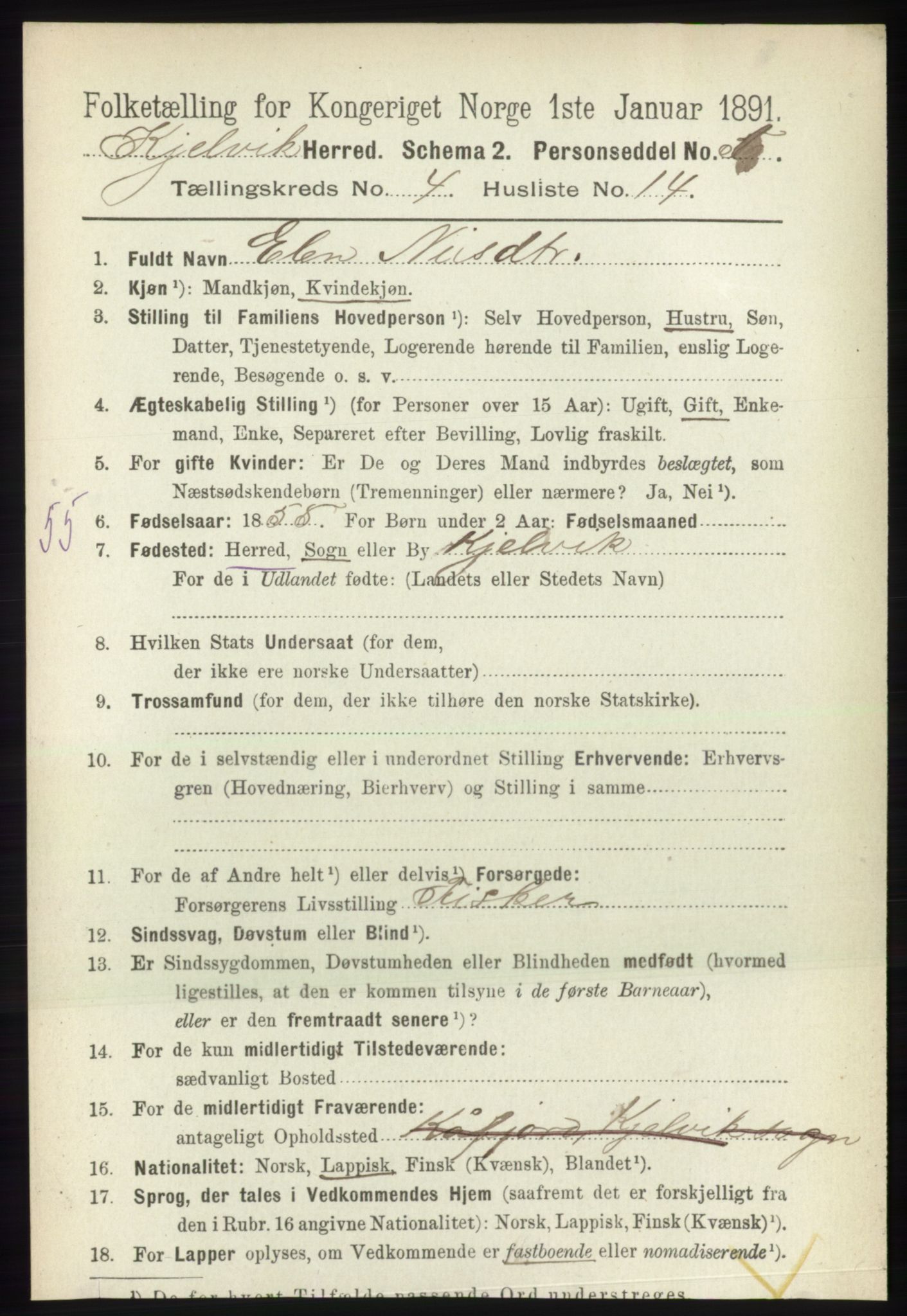 RA, 1891 census for 2019 Kjelvik, 1891, p. 515
