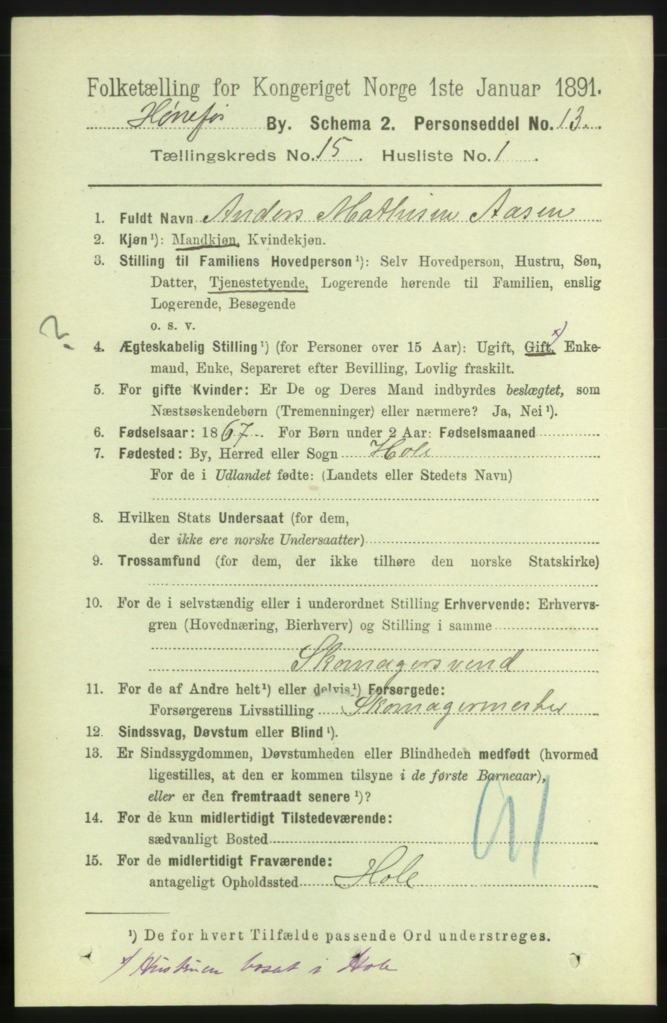 RA, 1891 census for 0601 Hønefoss, 1891, p. 1727