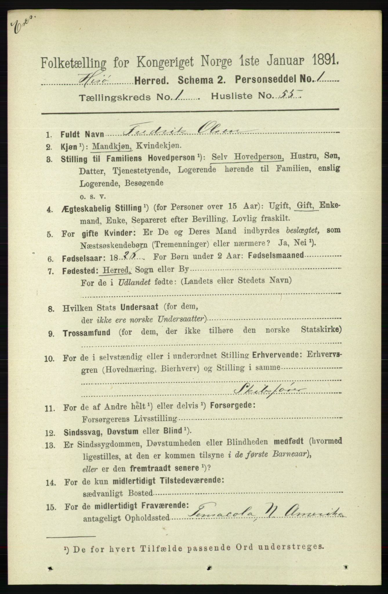 RA, Census 1891 for Nedenes amt: Gjenparter av personsedler for beslektede ektefeller, menn, 1891, p. 587