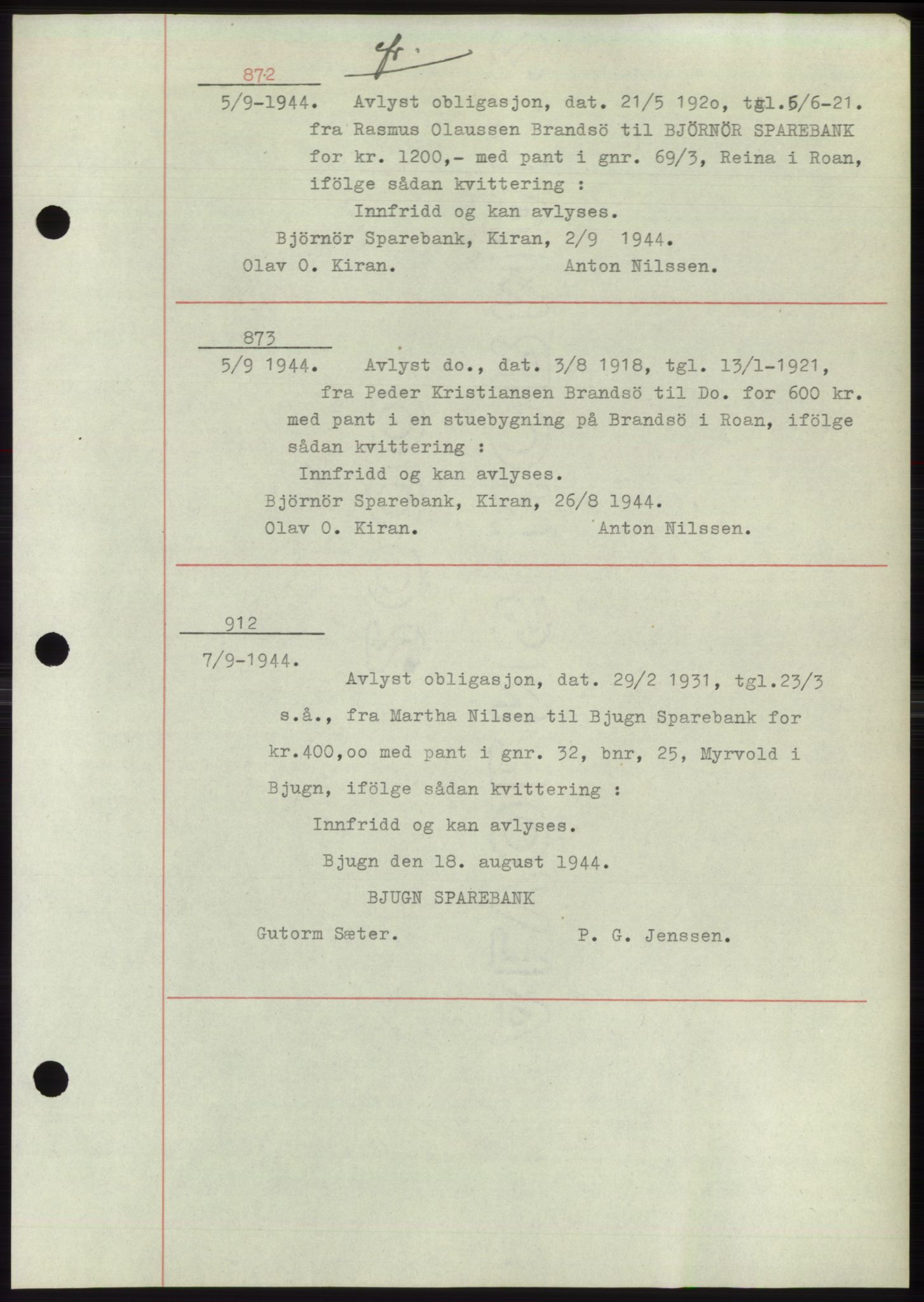 Fosen sorenskriveri, AV/SAT-A-1107/1/2/2C: Mortgage book no. B1, 1943-1946, Diary no: : 872/1944