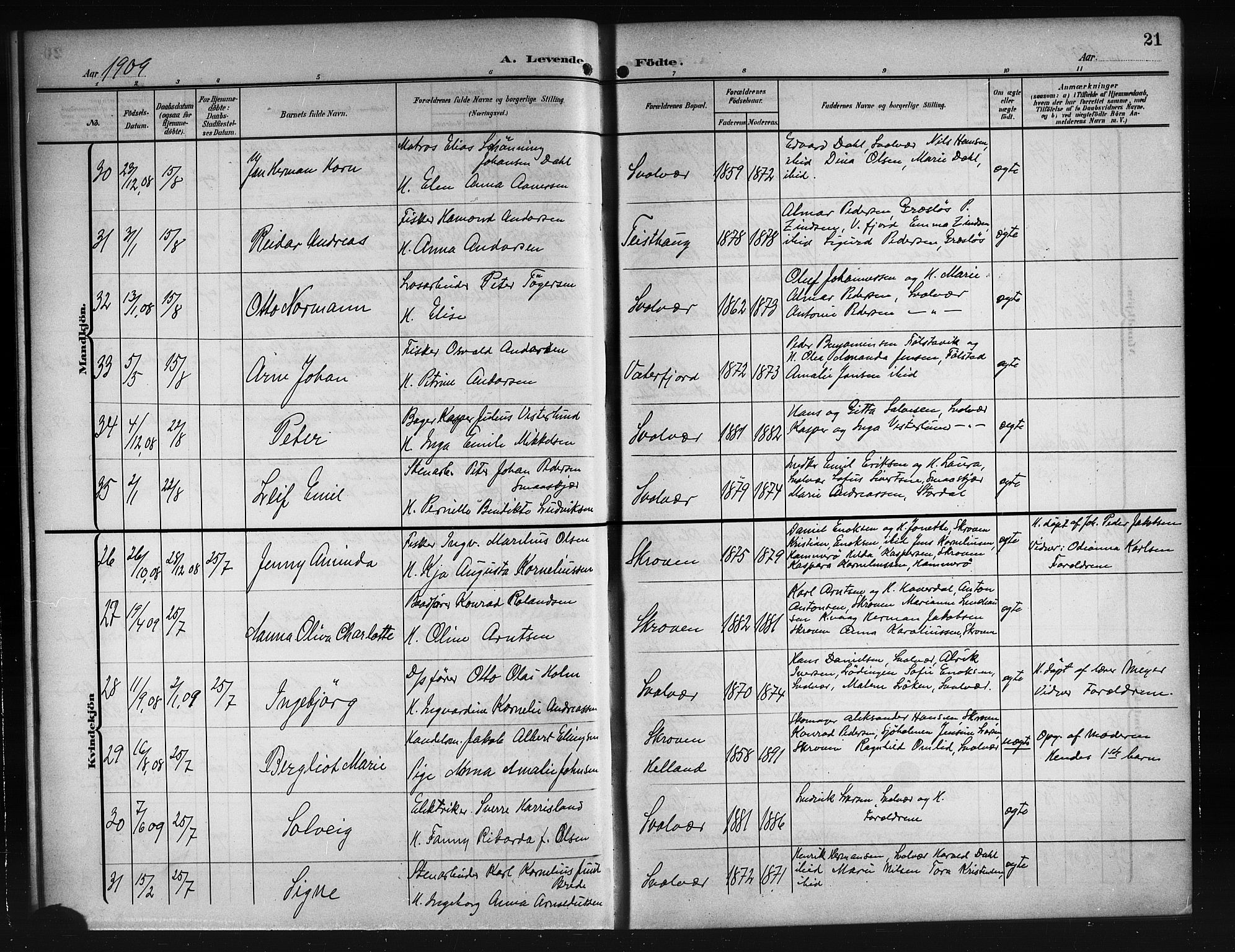 Ministerialprotokoller, klokkerbøker og fødselsregistre - Nordland, AV/SAT-A-1459/874/L1079: Parish register (copy) no. 874C08, 1907-1915, p. 21