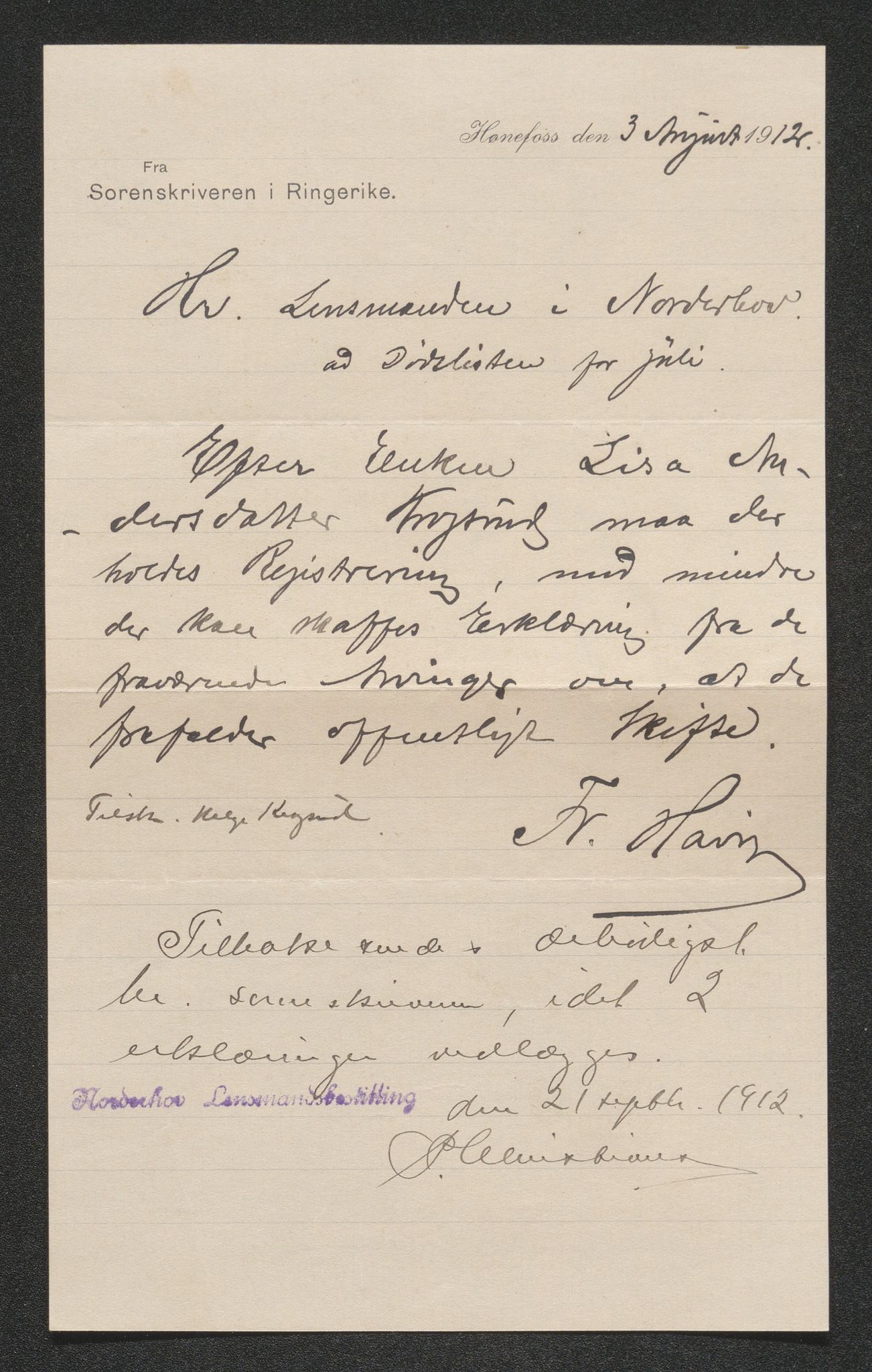 Ringerike sorenskriveri, AV/SAKO-A-105/H/Ha/Hab/L0012: Dødsfallslister Norderhov, 1909-1923