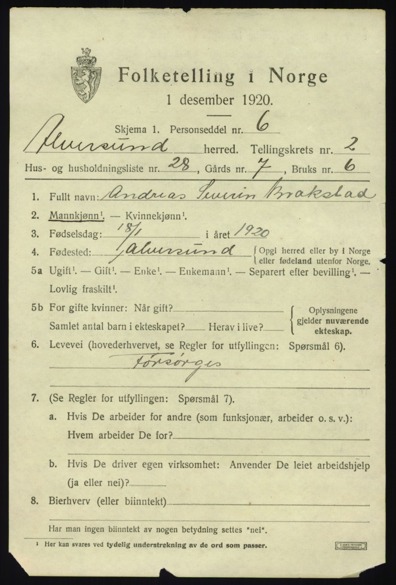 SAB, 1920 census for Alversund, 1920, p. 2014