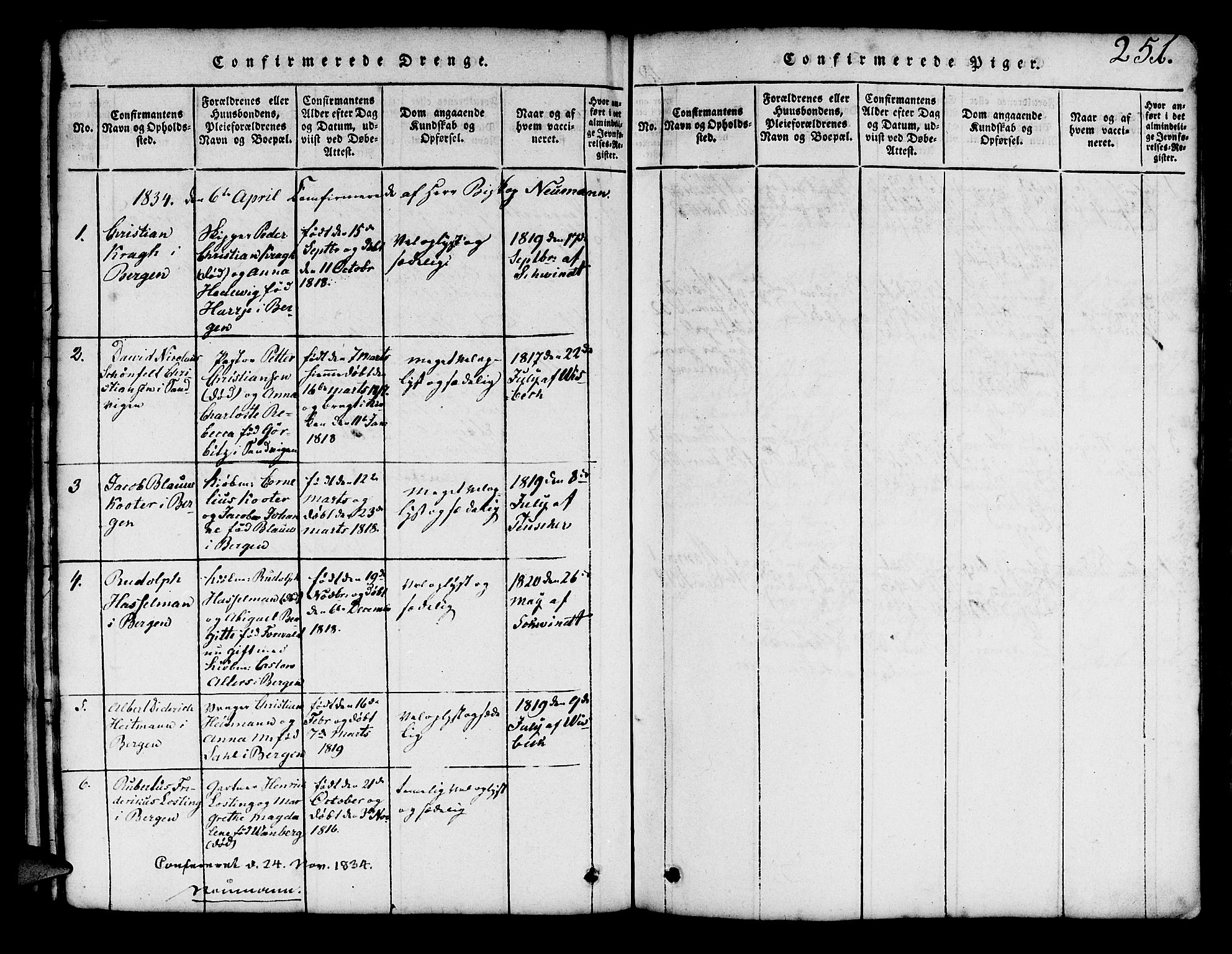 Mariakirken Sokneprestembete, SAB/A-76901/H/Hab/L0001: Parish register (copy) no. A 1, 1815-1846, p. 251