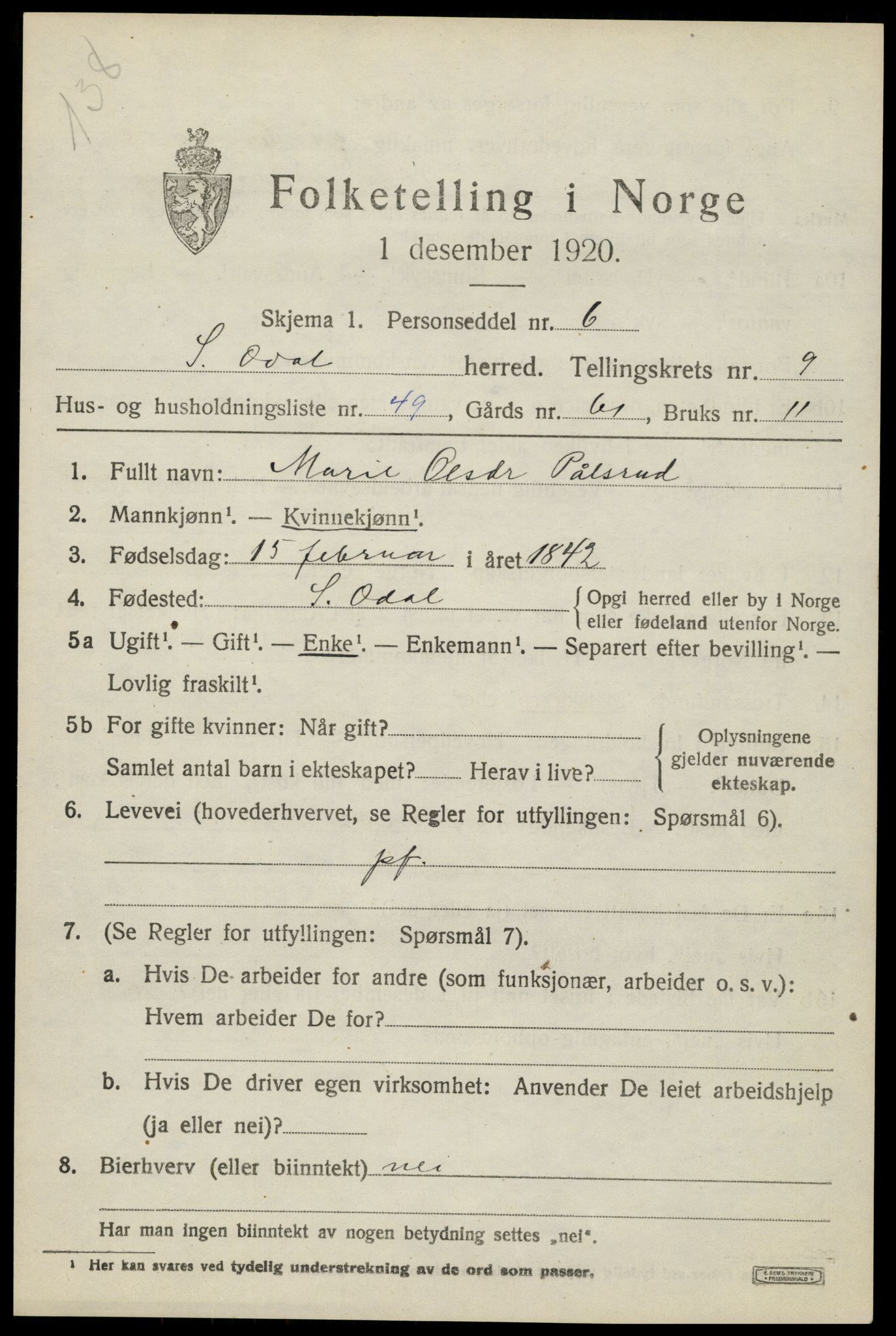 SAH, 1920 census for Sør-Odal, 1920, p. 11043