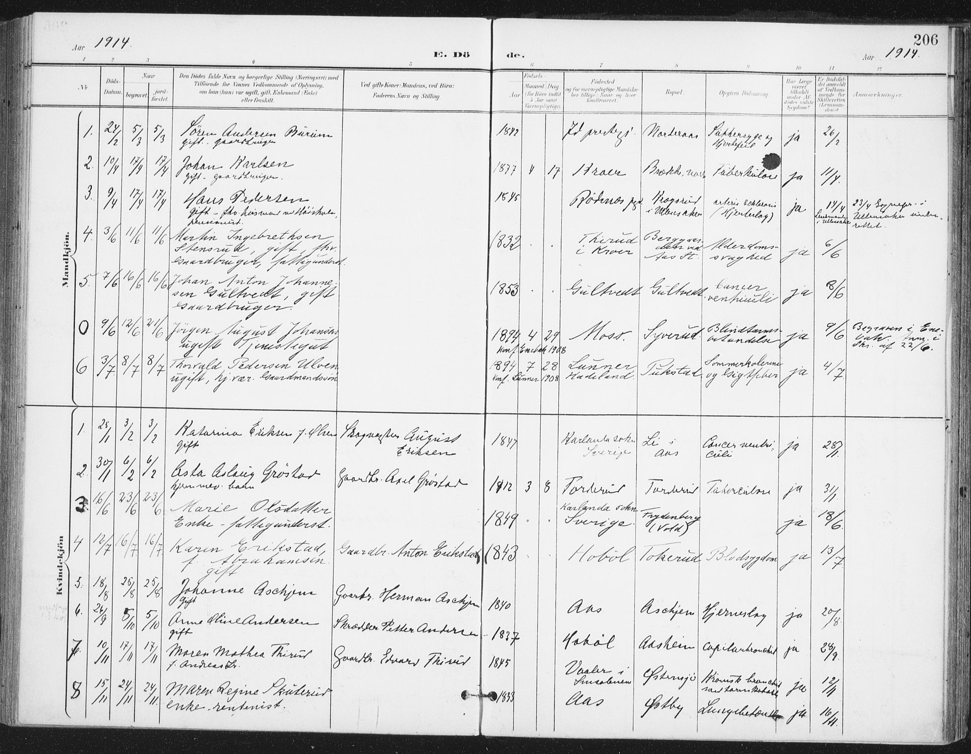 Ås prestekontor Kirkebøker, AV/SAO-A-10894/F/Fa/L0010: Parish register (official) no. I 10, 1900-1918, p. 206