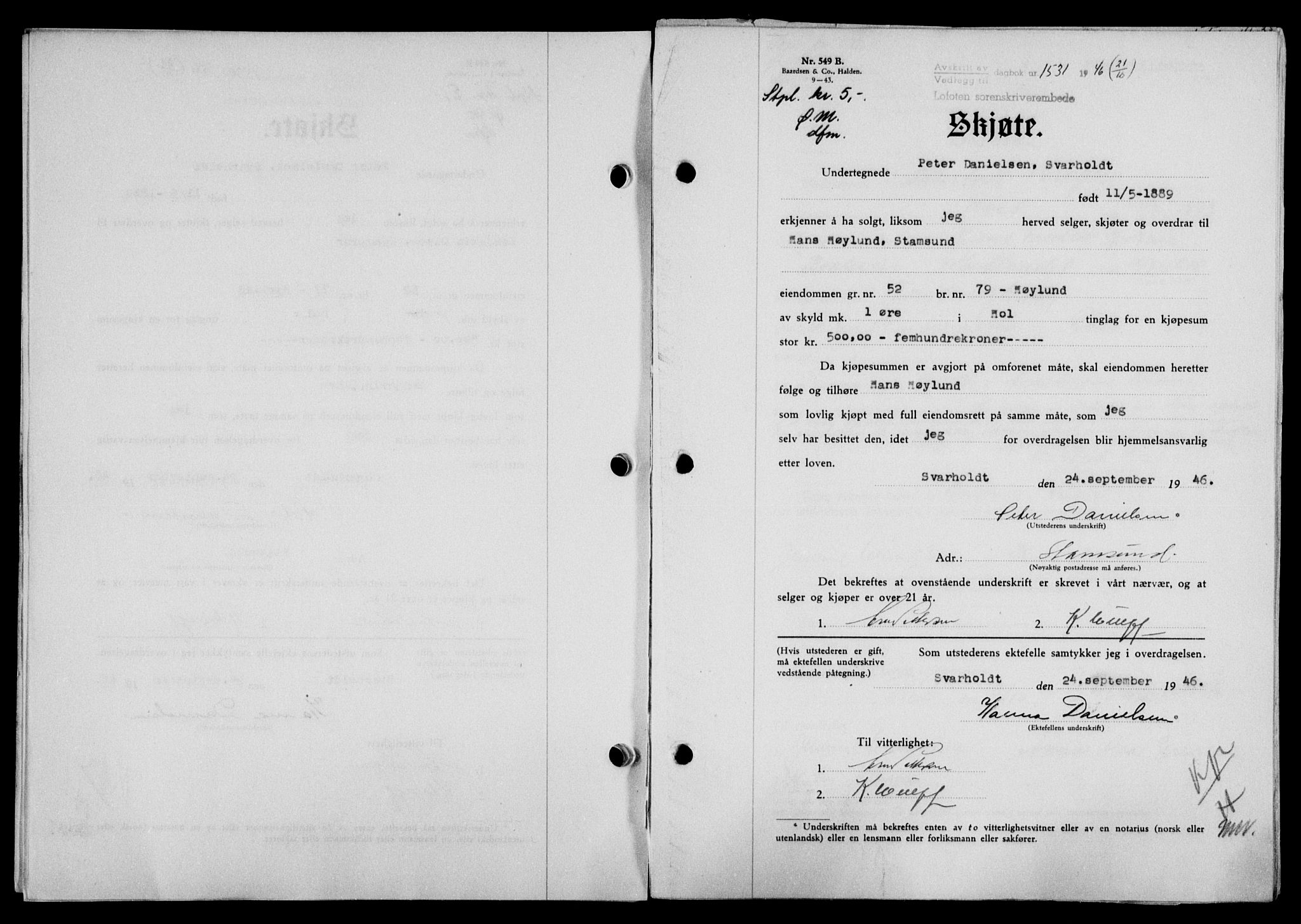 Lofoten sorenskriveri, SAT/A-0017/1/2/2C/L0014a: Mortgage book no. 14a, 1946-1946, Diary no: : 1531/1946